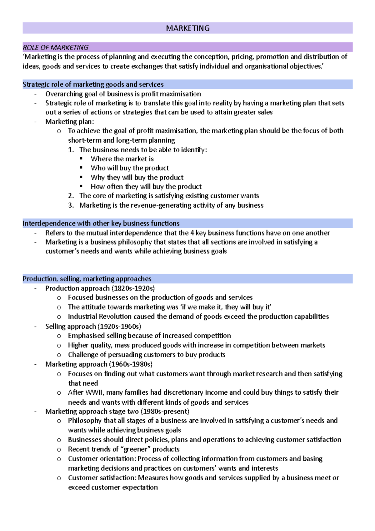 Marketing summary - MARKETING ROLE OF MARKETING ‘Marketing is the ...