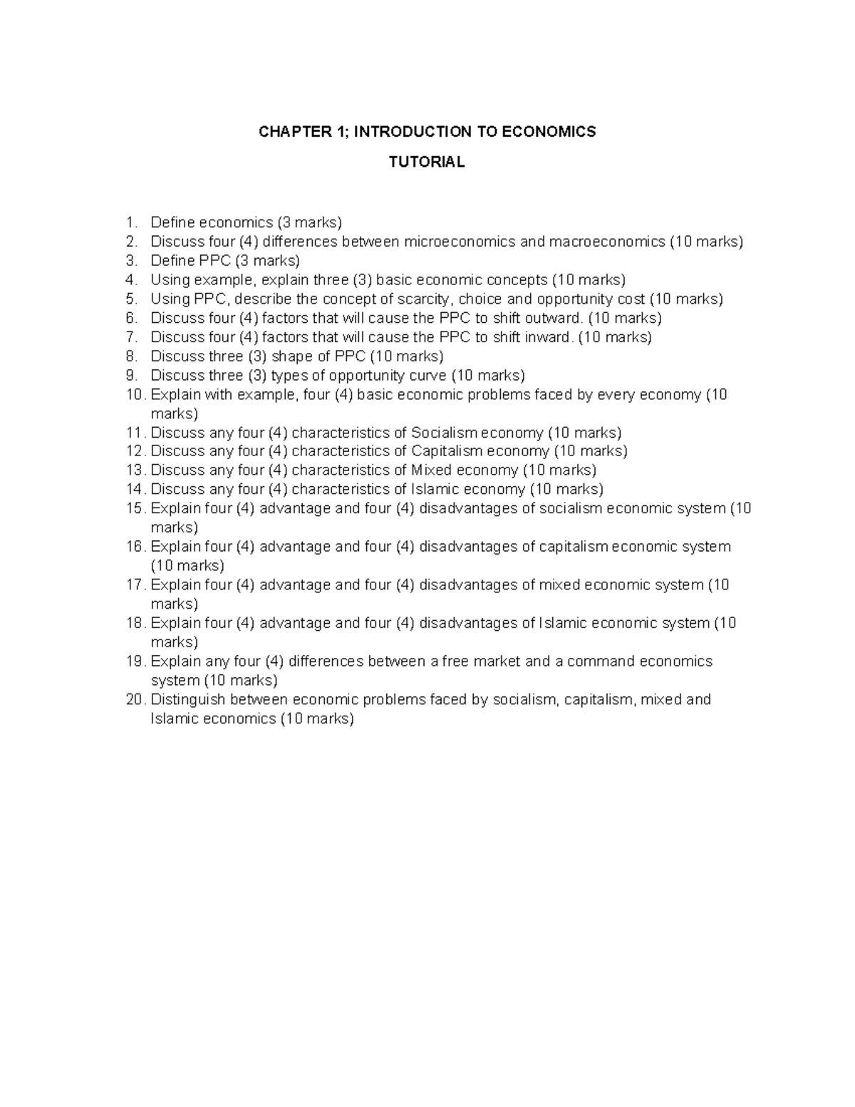 Tutorial 1 ECO120 - CHAPTER 1; INTRODUCTION TO ECONOMICS TUTORIAL 1 ...