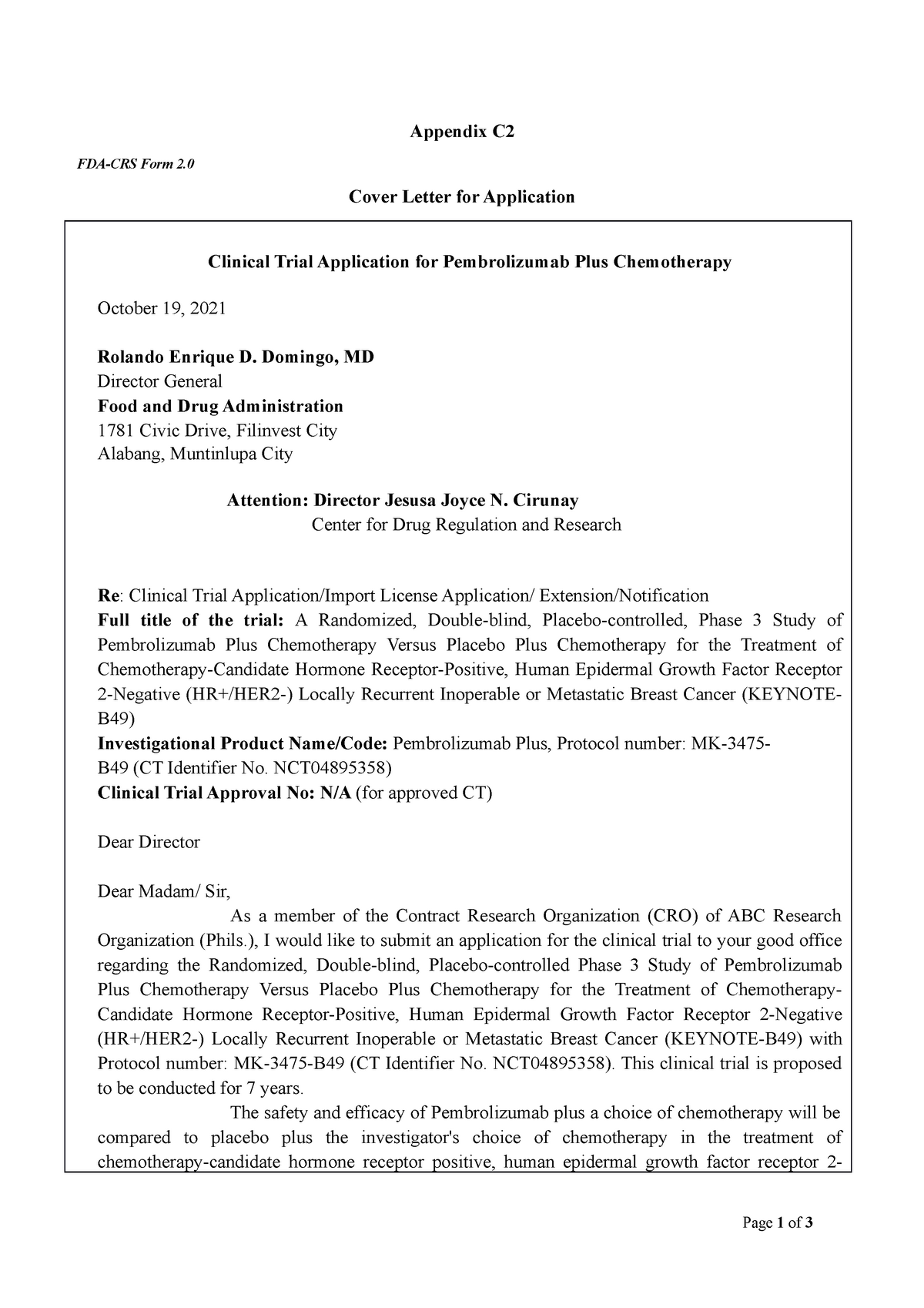 clinical trial application cover letter (appendix c2)
