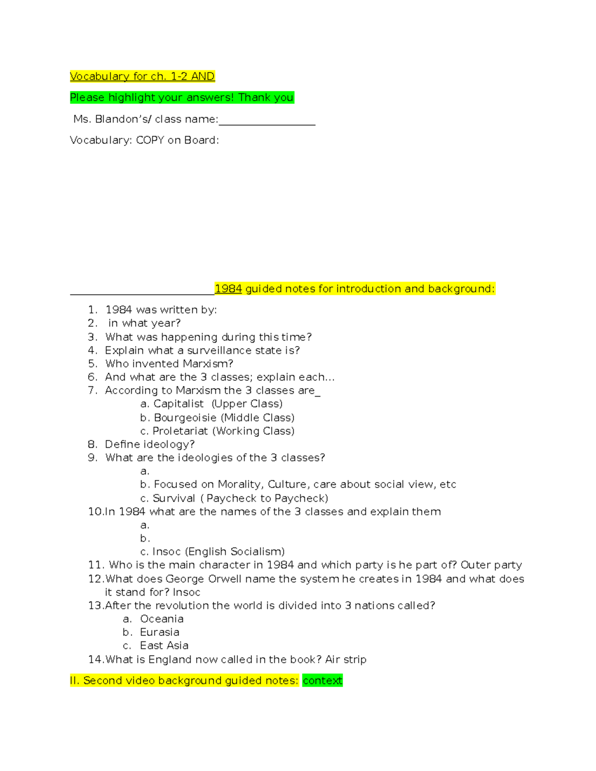 1984 Guided Notes For Introduction And Background - Vocabulary For Ch ...