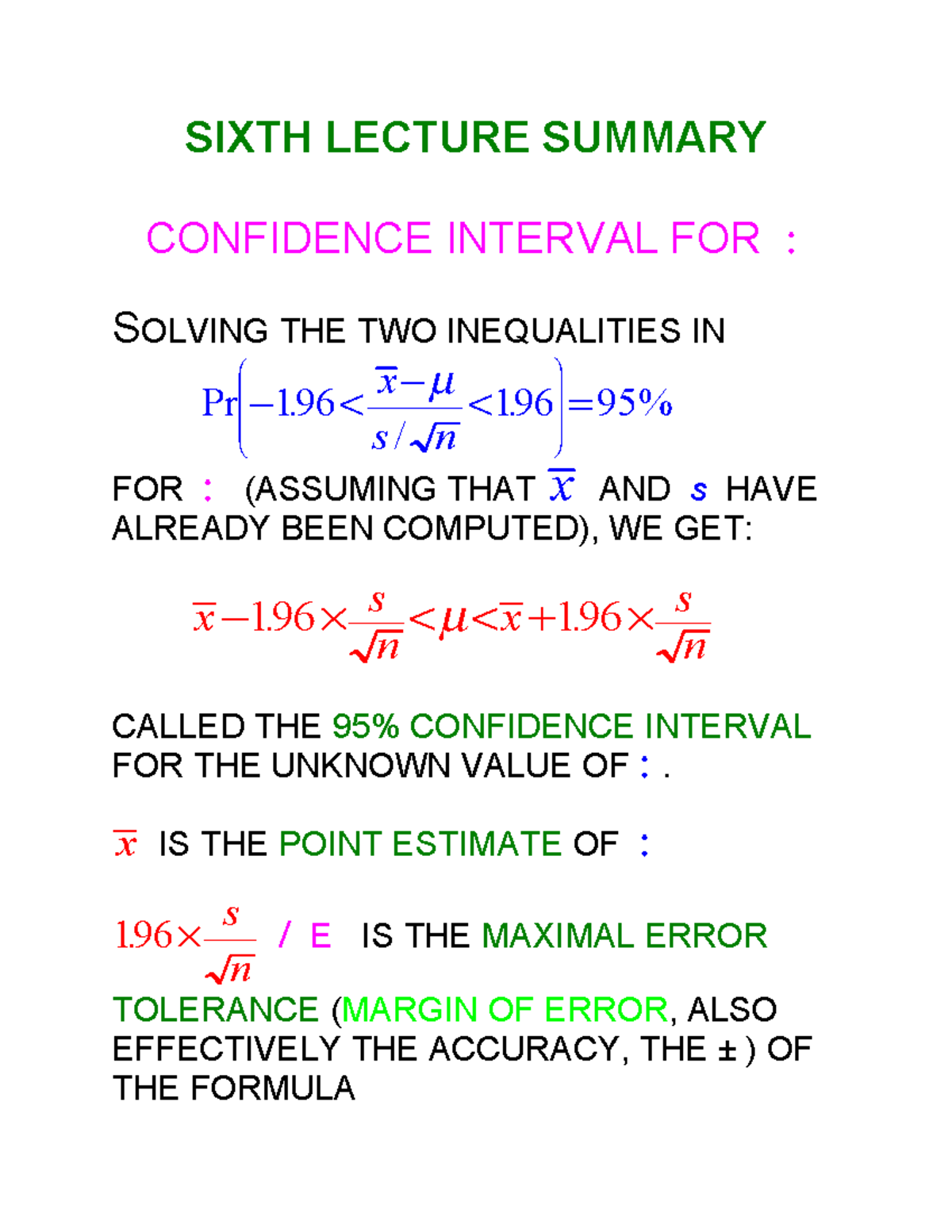 Sixth Lecture Summary - SIXTH LECTURE SUMMARY CONFIDENCE INTERVAL FOR ...