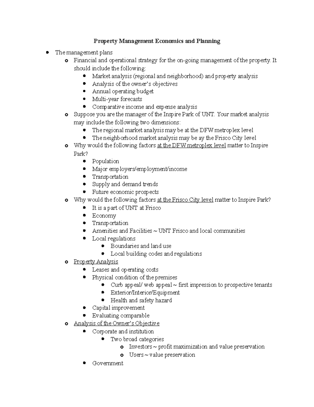 Property Management Economics and Planning It should include the