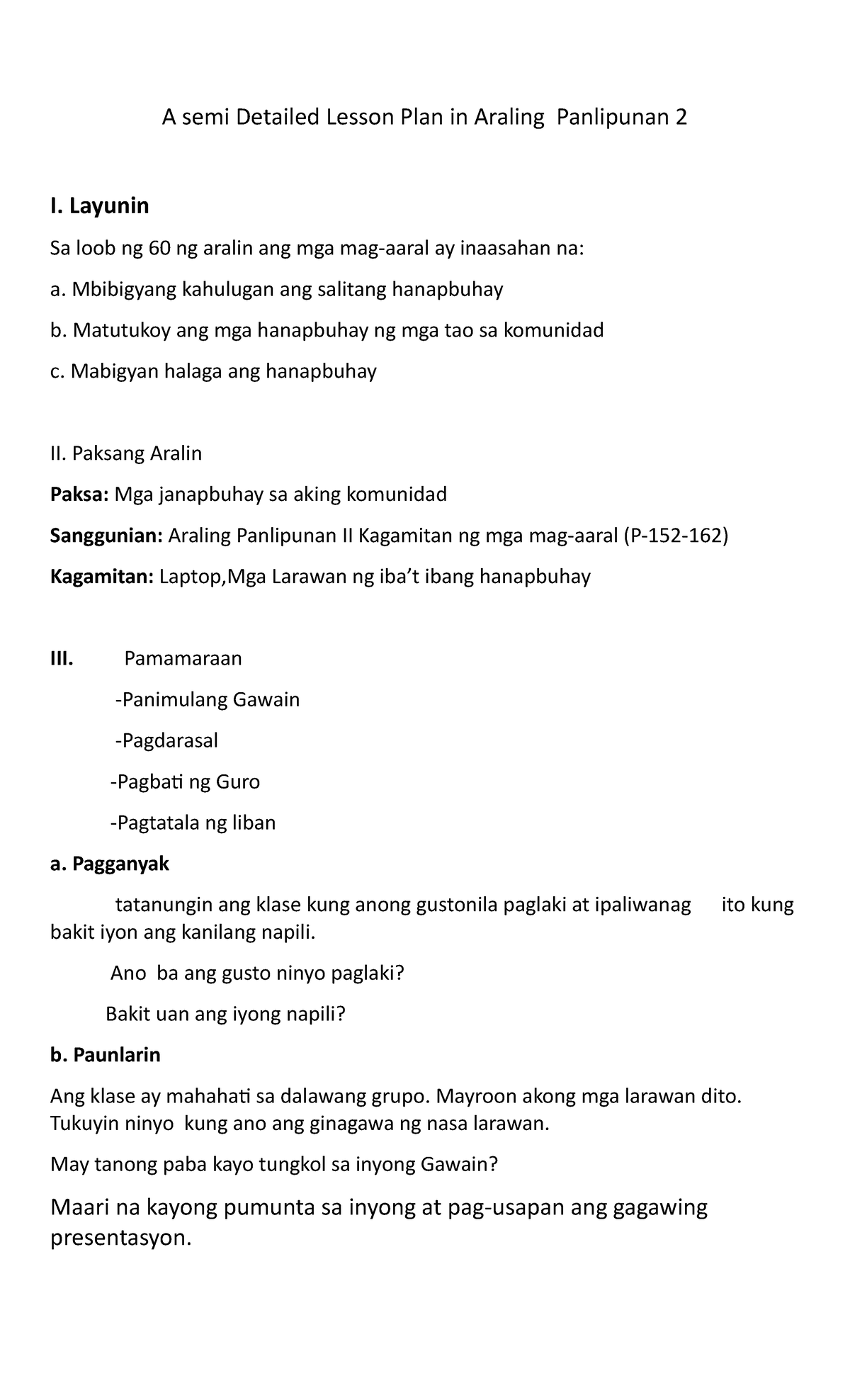 Semi Detailed Lesson Plan In Araling Panlipunan I Banghay Off