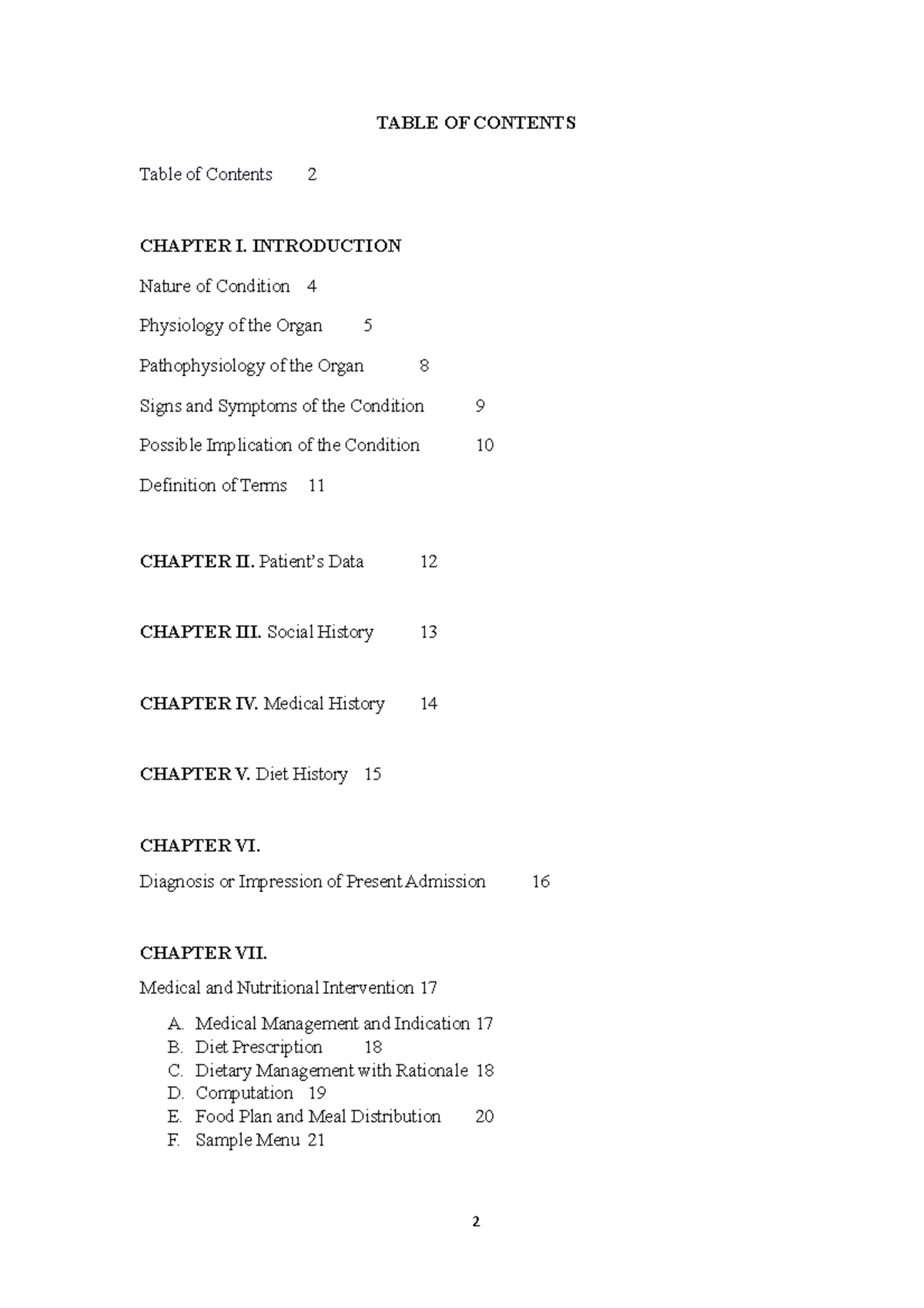 table of contents for case study