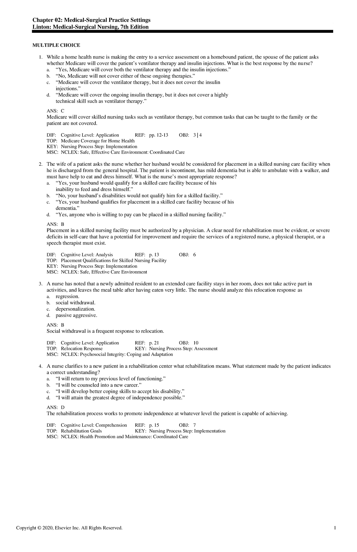 Exam View - Chapter 02 - Chapter 02: Medical-Surgical Practice Settings ...