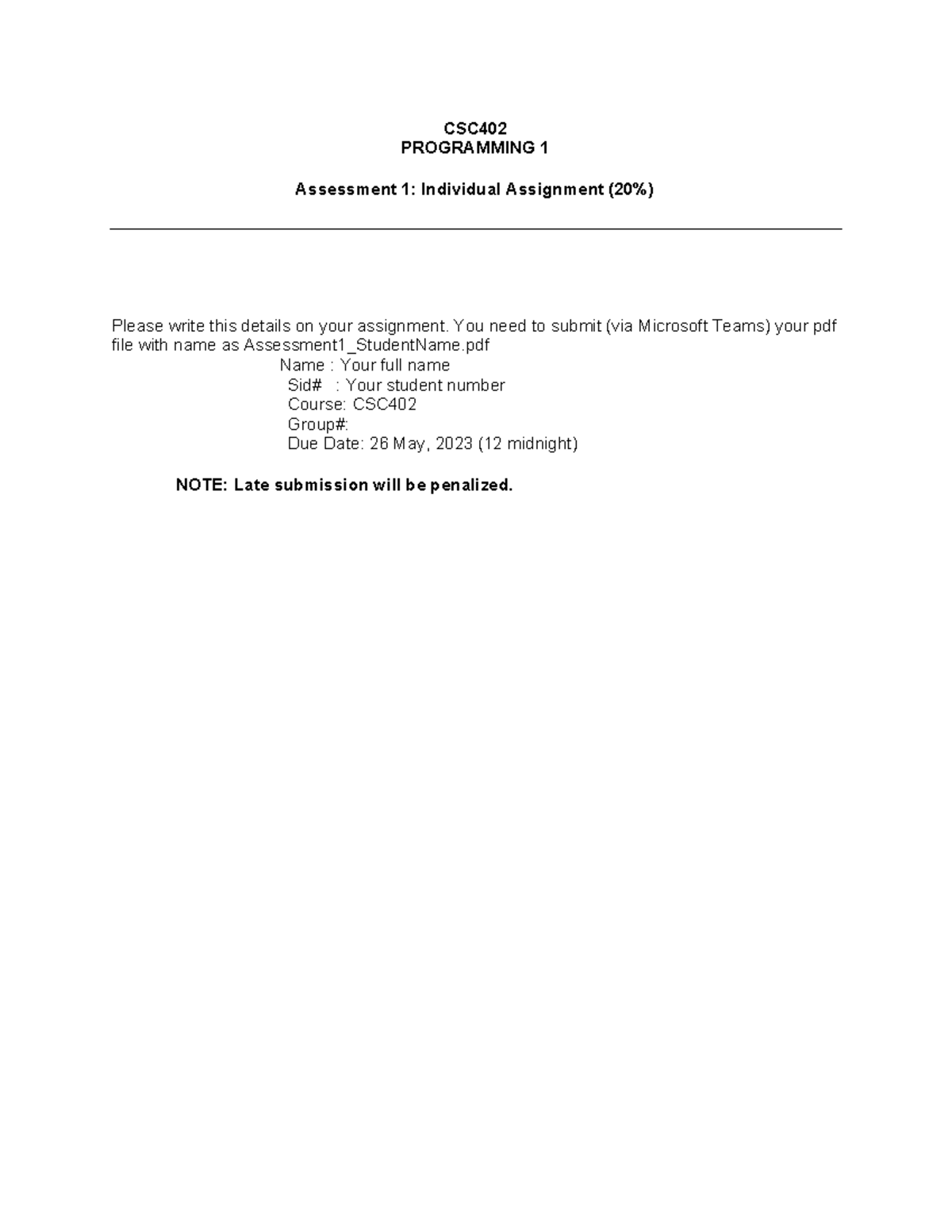 Assignment 1 2023 - CSC PROGRAMMING 1 Assessment 1: Individual ...