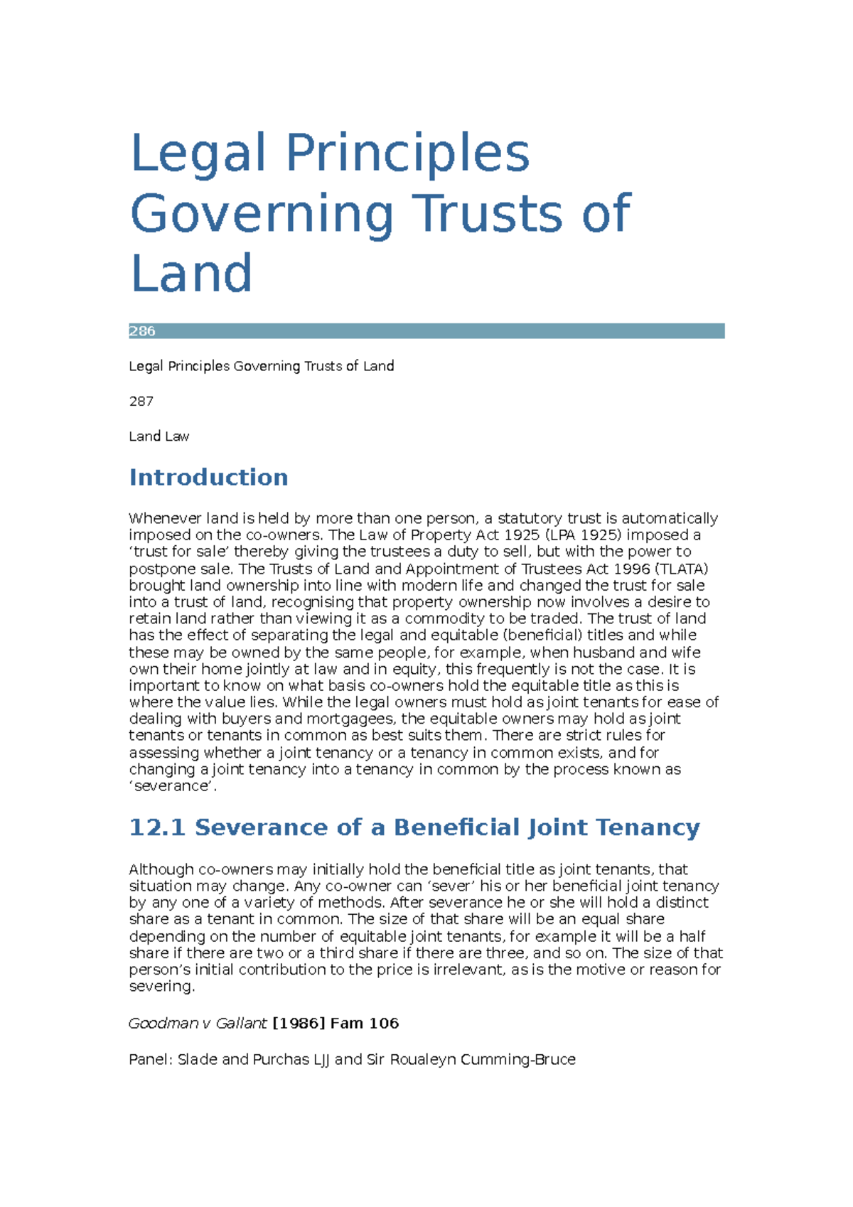 Land coownership; severance cases Legal Principles Governing Trusts