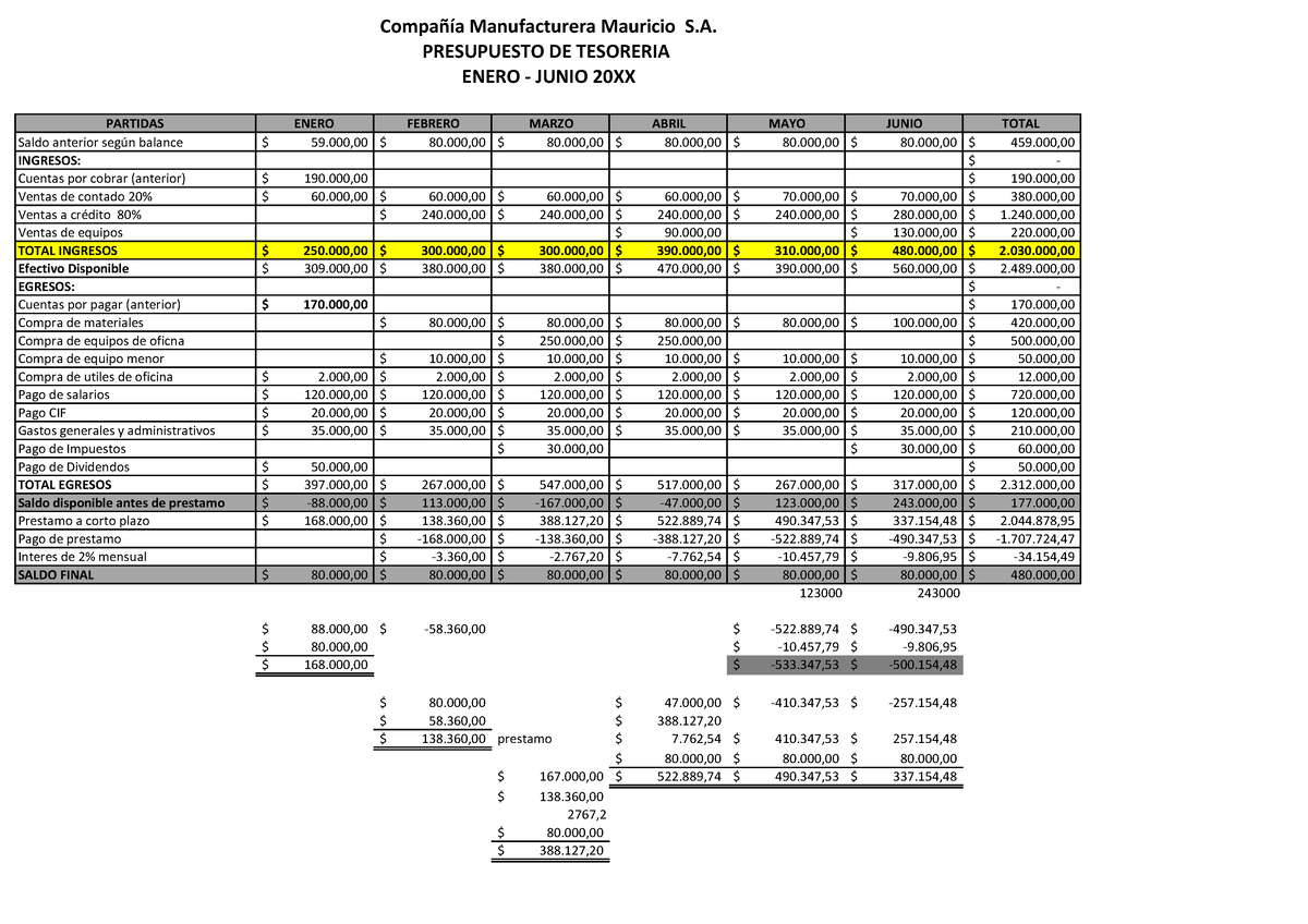 Presupuesto De Tesoreria Resuelto - PARTIDAS ENERO FEBRERO MARZO ABRIL ...