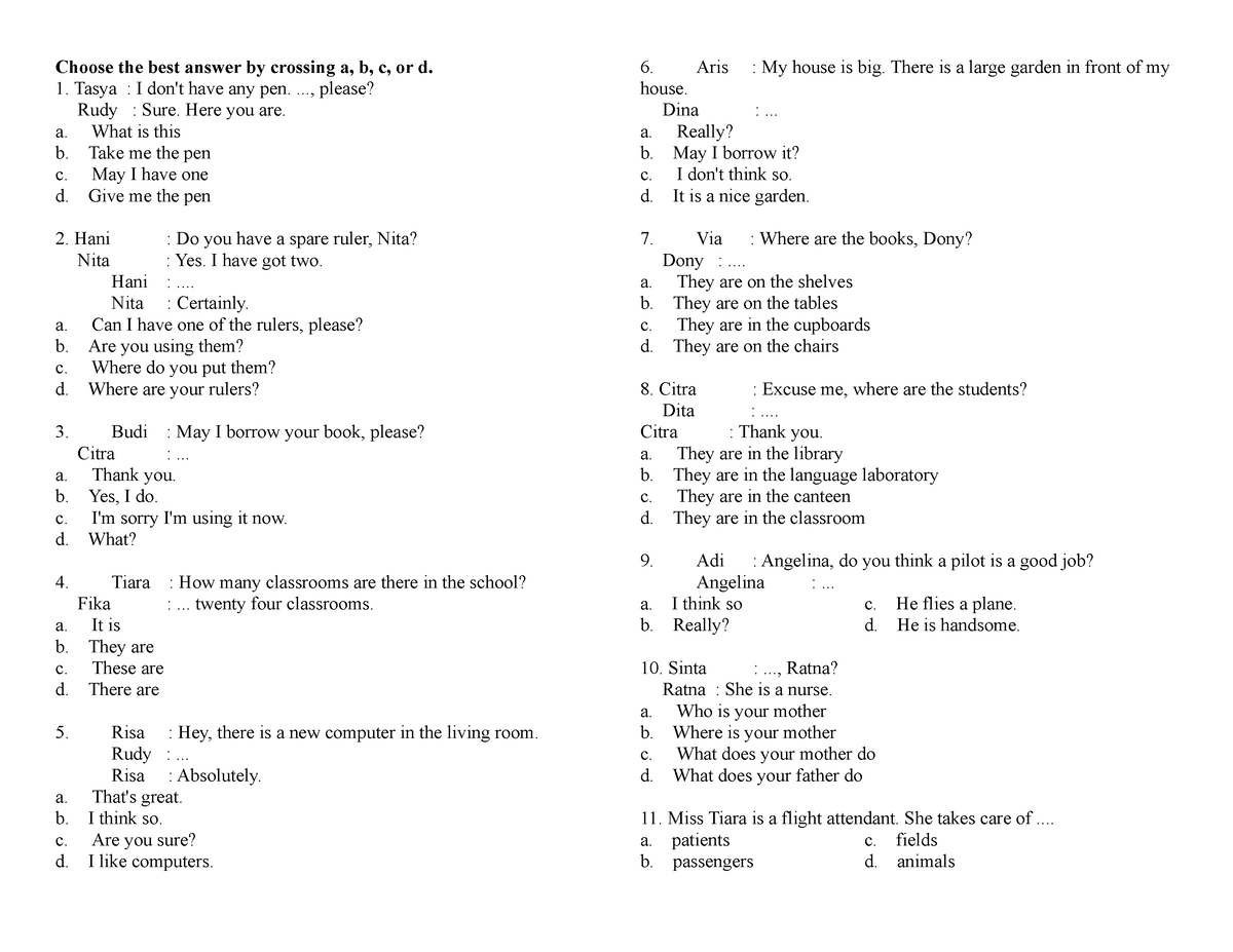 Bahasa Inggris Kelas 7 - Choose The Best Answer By Crossing A, B, C, Or ...