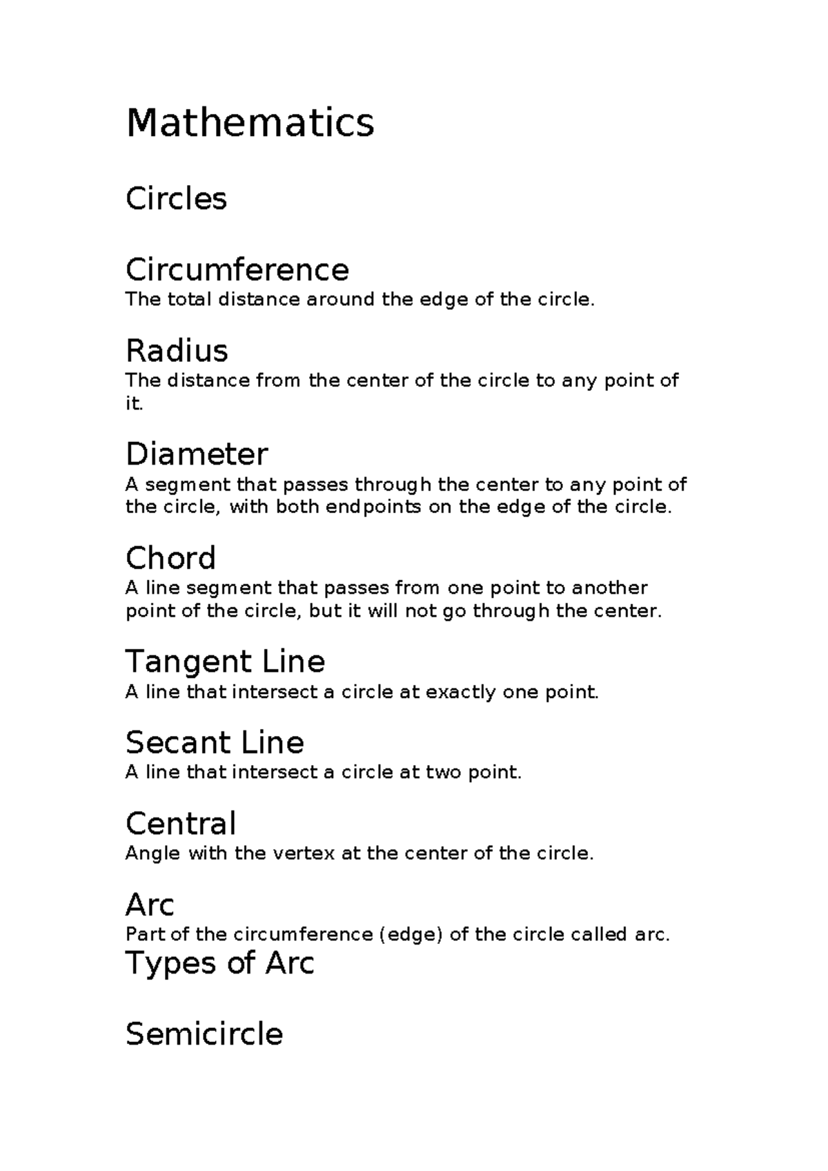 Mathematics Circle and its Part Reviewer - Mathematics Circles ...
