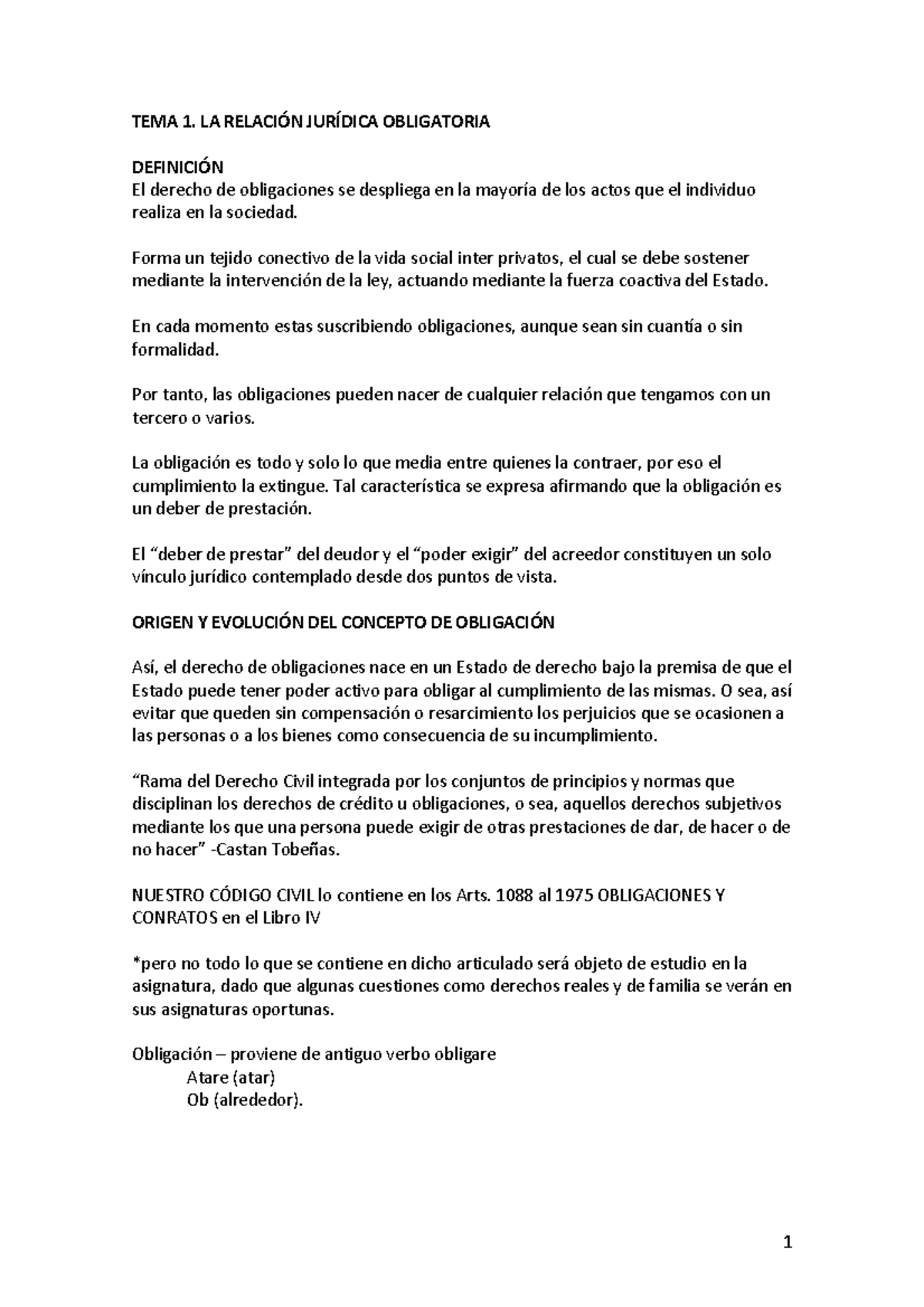 TEMA 1 - apuntes del temario - TEMA 1. LA RELACIÓN JURÍDICA OBLIGATORIA ...