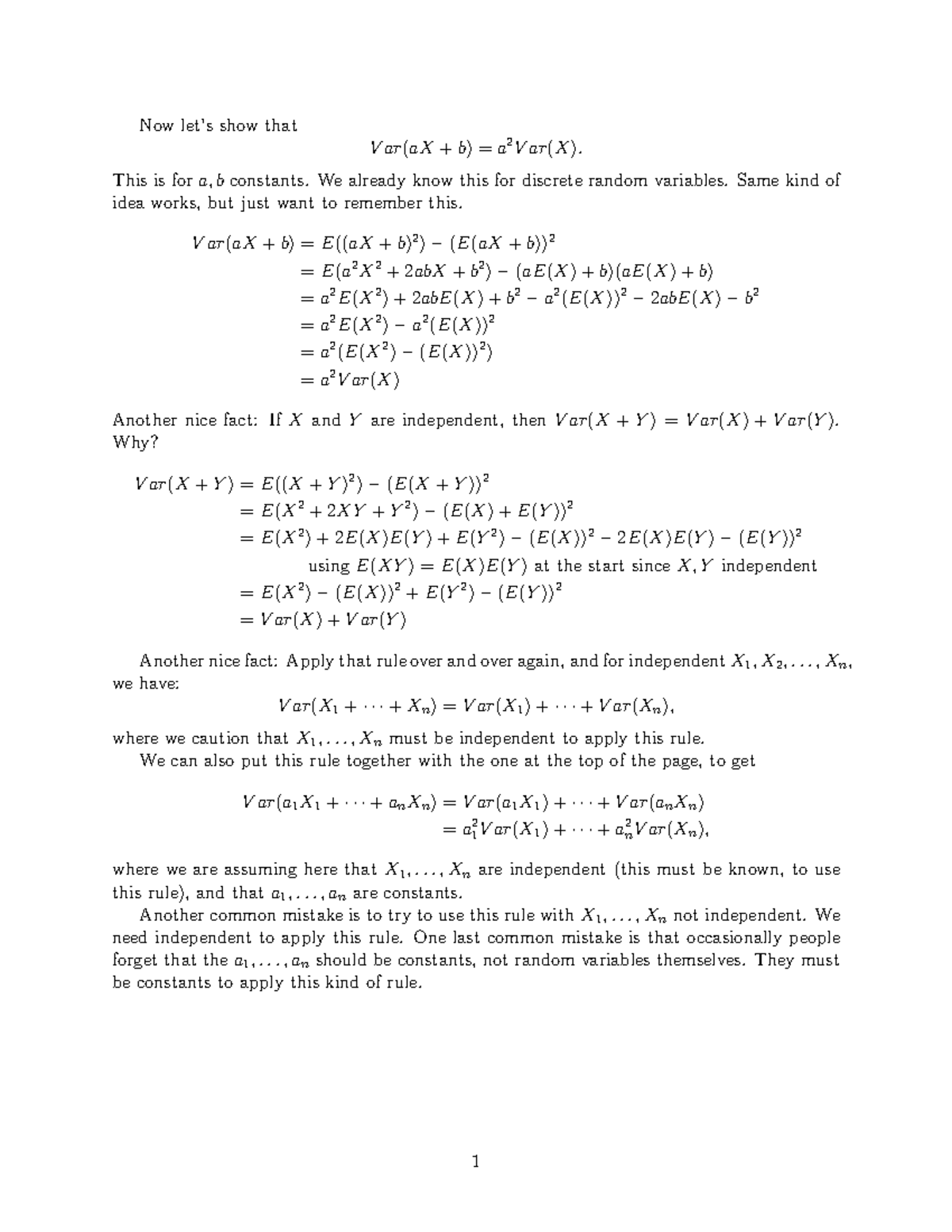 Facts about variance - notes - Now show that V ar(aX b) a2 V ar(X ...
