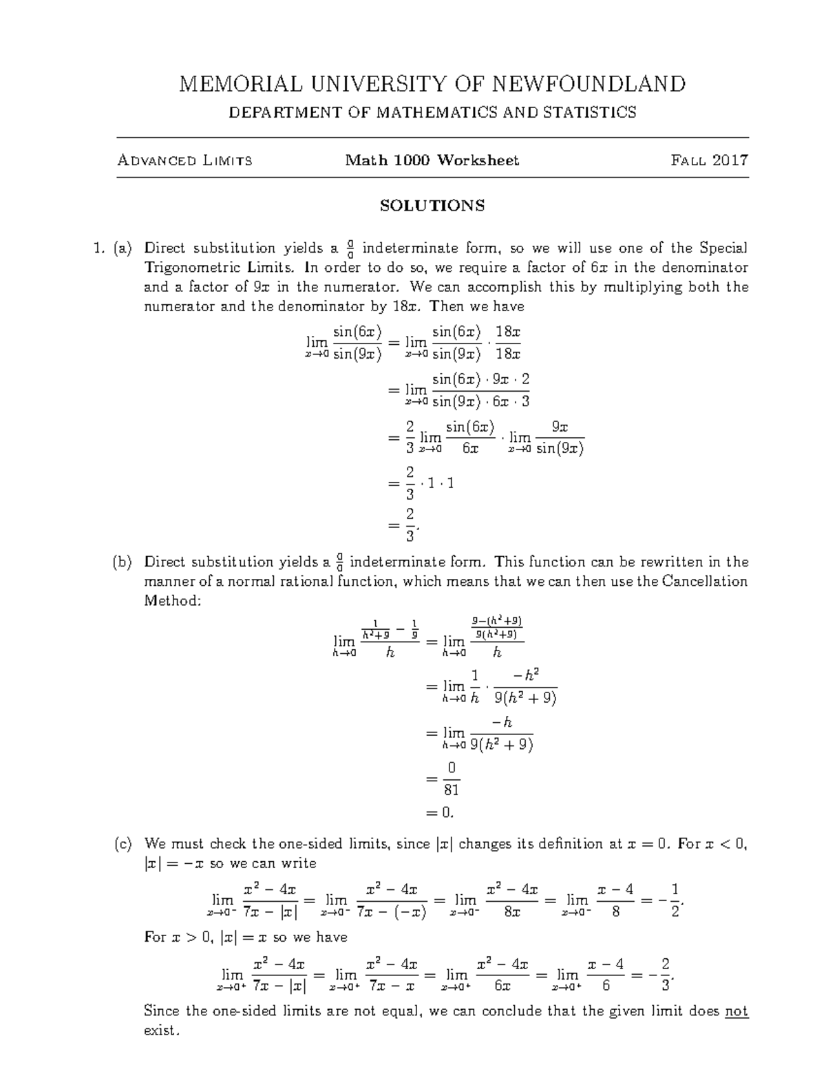 Soln1w - worksheet 1 with solutions - MEMORIAL UNIVERSITY OF ...