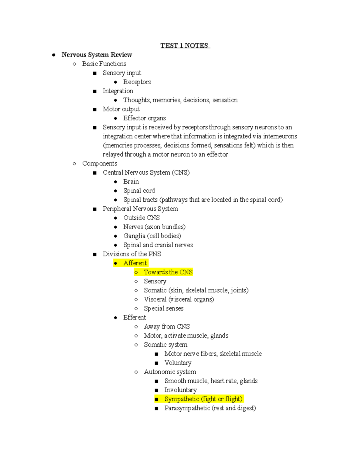 Biology 318 Test 1 Notes TEST 1 NOTES Nervous System Review Basic