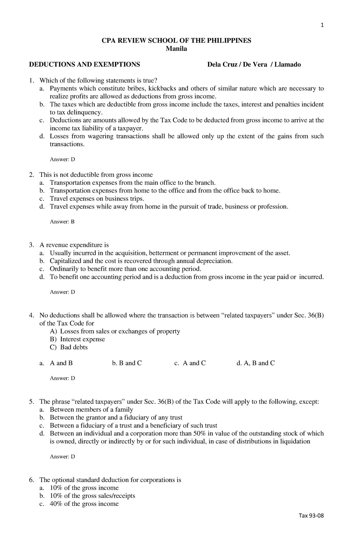 8 - Deductions - Taxation Lecture Notes - CPA REVIEW SCHOOL OF THE ...