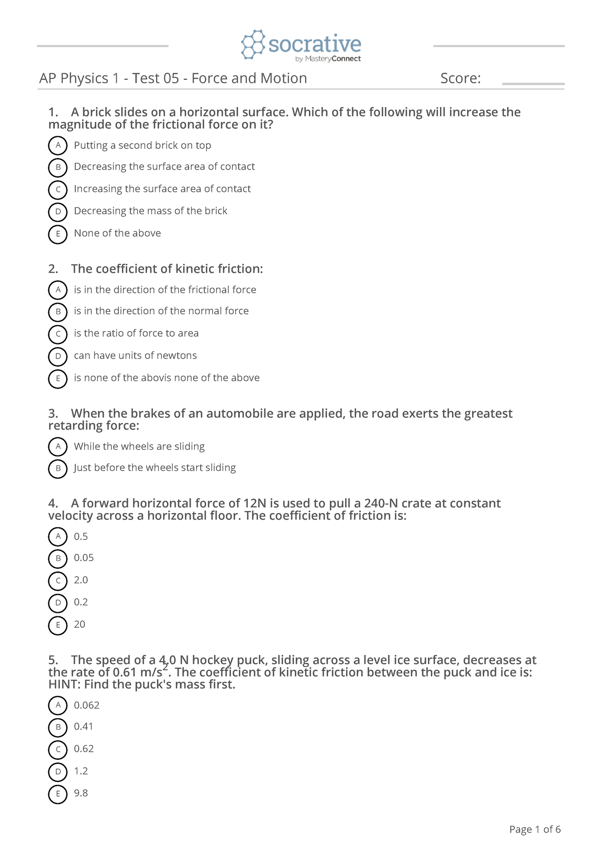 Forces Quiz Blank - Test - AP Physics 1 - Test 05 - Force And Motion ...