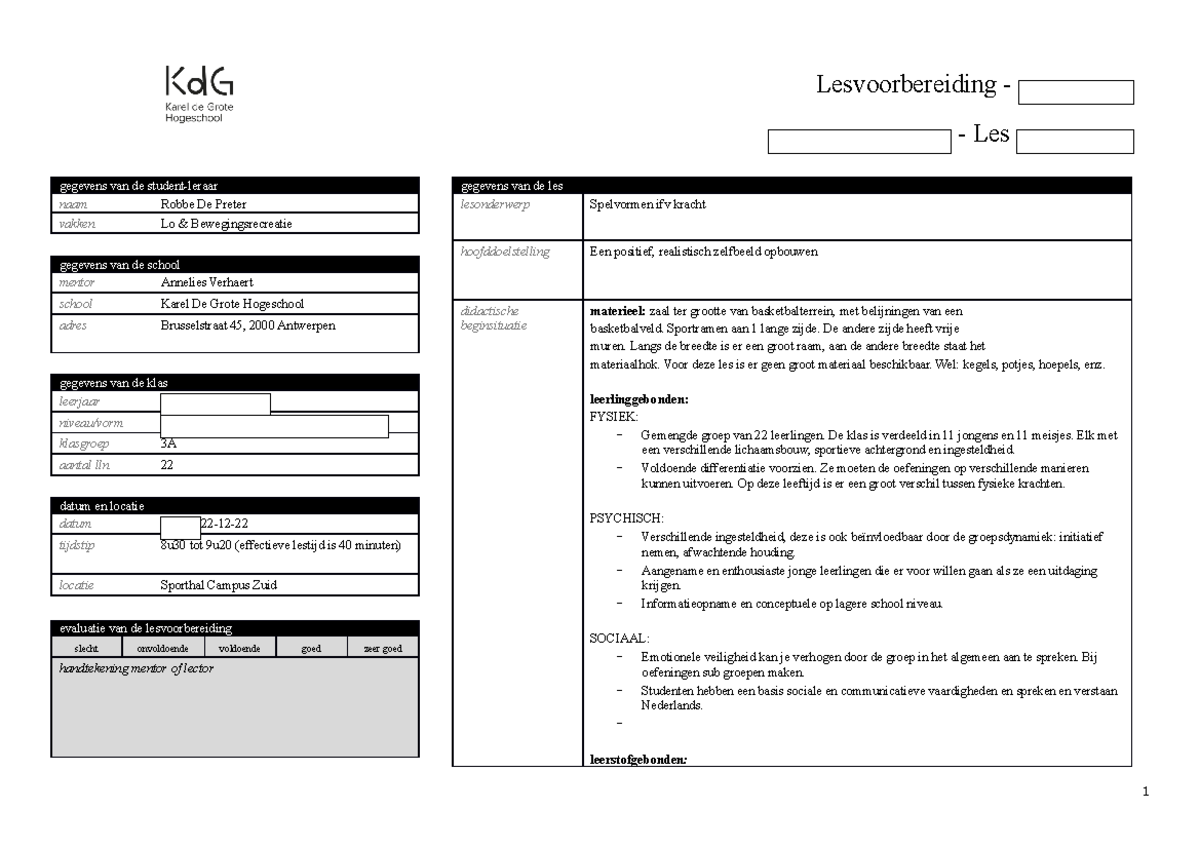 Opdracht 2 KL1 LO klaar Lesvoorbereiding Les gegevens van de