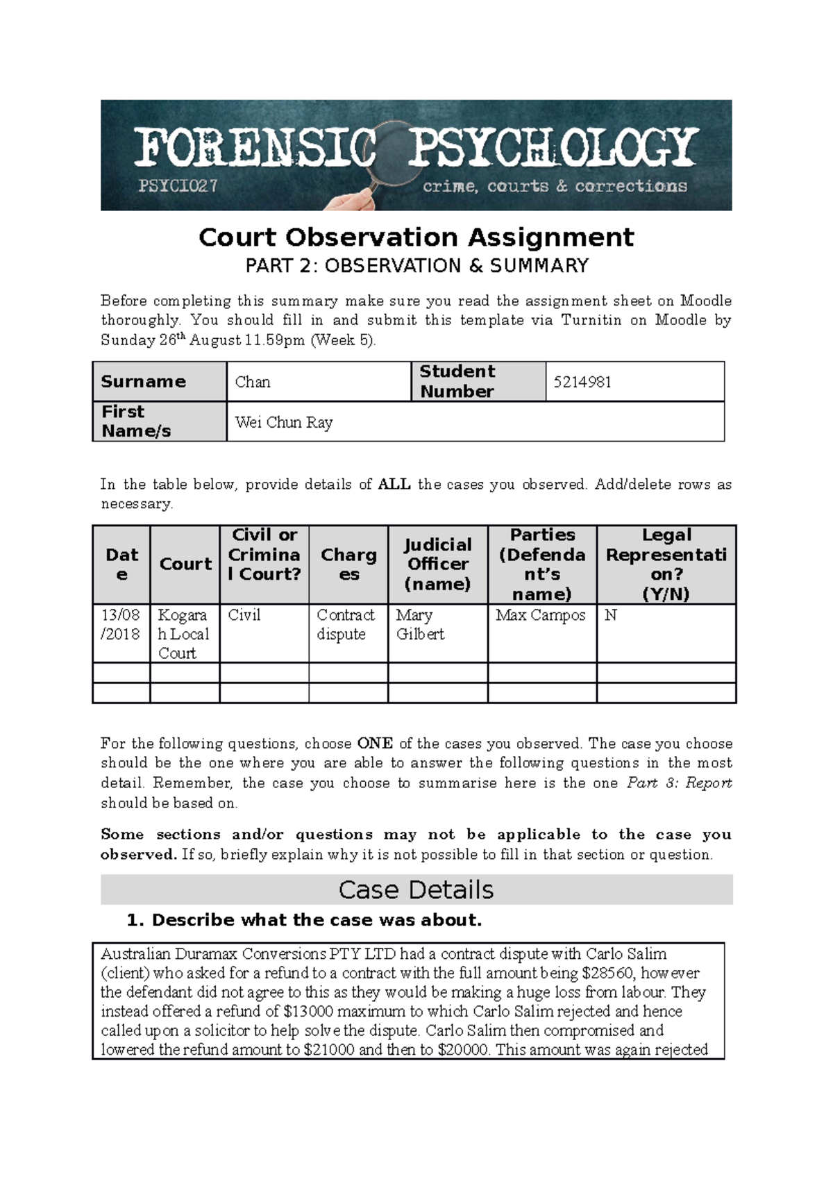 Part 2 - Observation Summary - Court Observation Assignment PART 2 ...