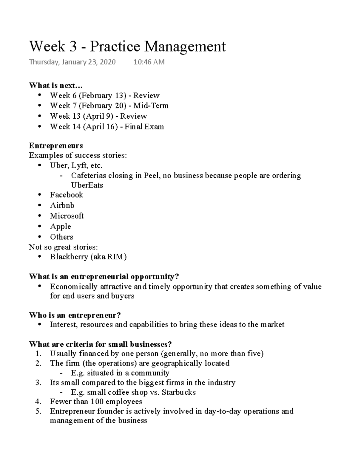 Week 3 - Practice Management - What is next... - Week 6 (February 13 ...