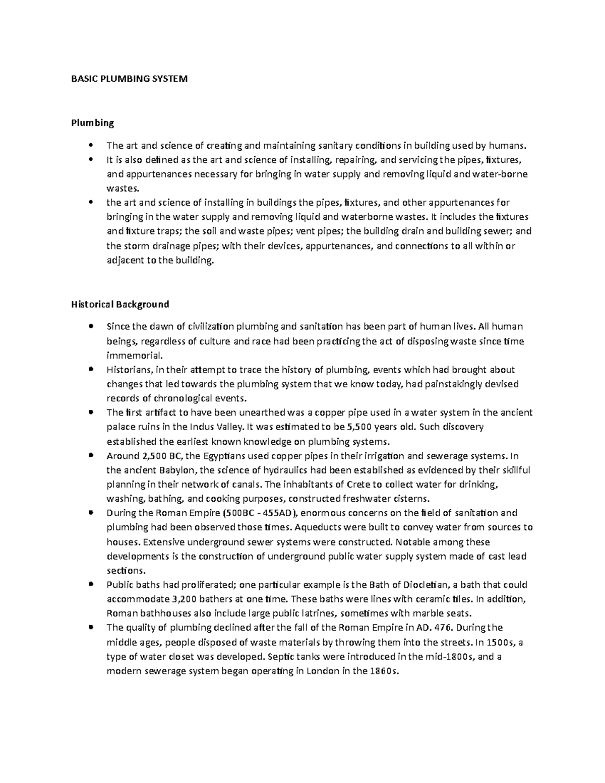 Topic 2 campos - NOTES - BASIC PLUMBING SYSTEM Plumbing The art and ...