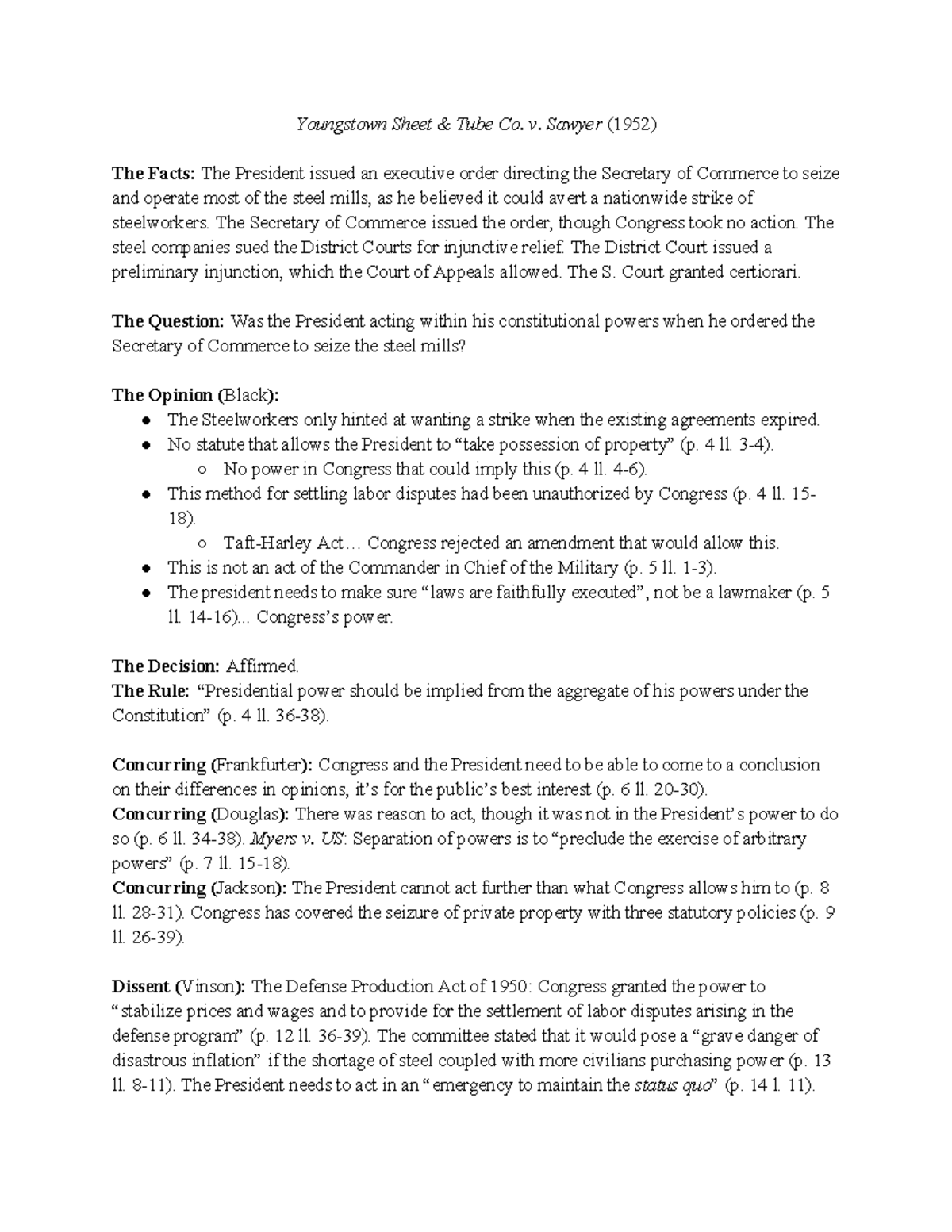 Youngstown Sheet Tube Co. v. Sawyer Brief Youngstown Sheet & Tube Co