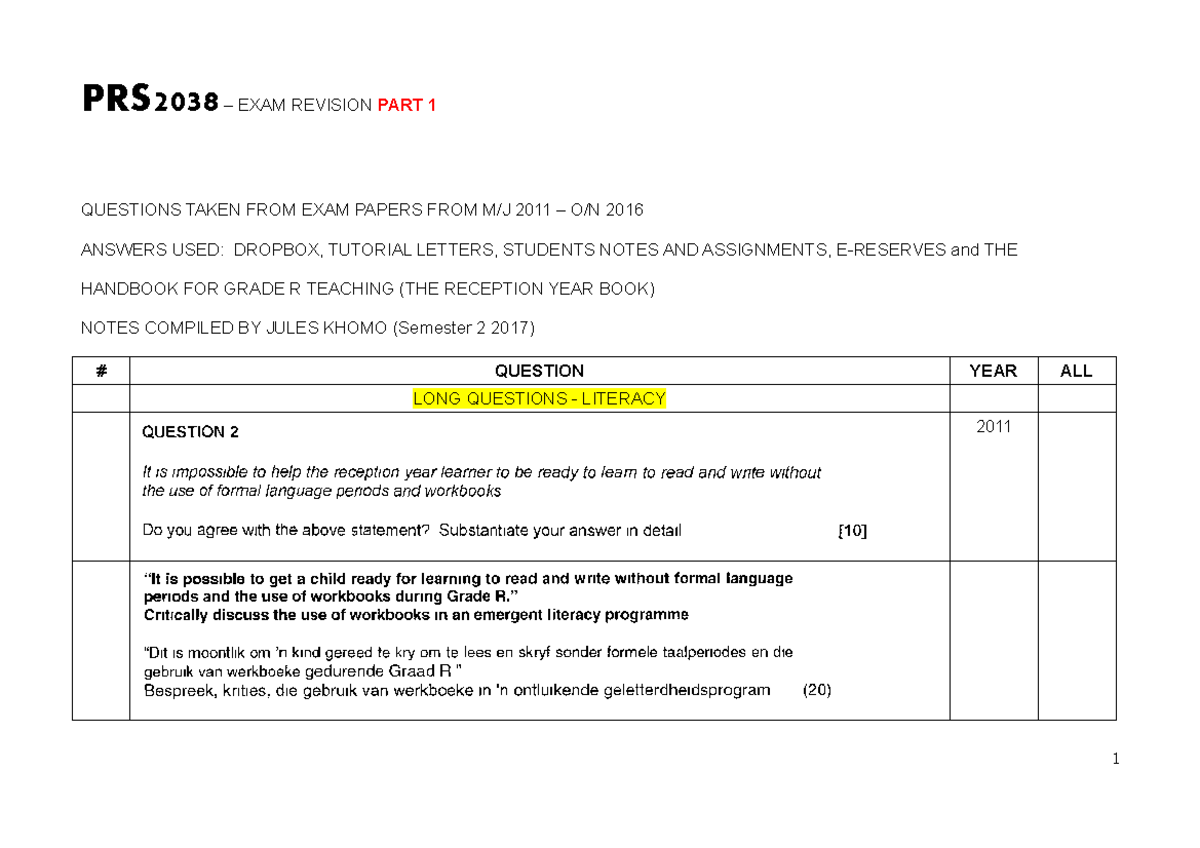 Exam Revision Part 1 - PRS2038 – EXAM REVISION PART 1 QUESTIONS TAKEN ...