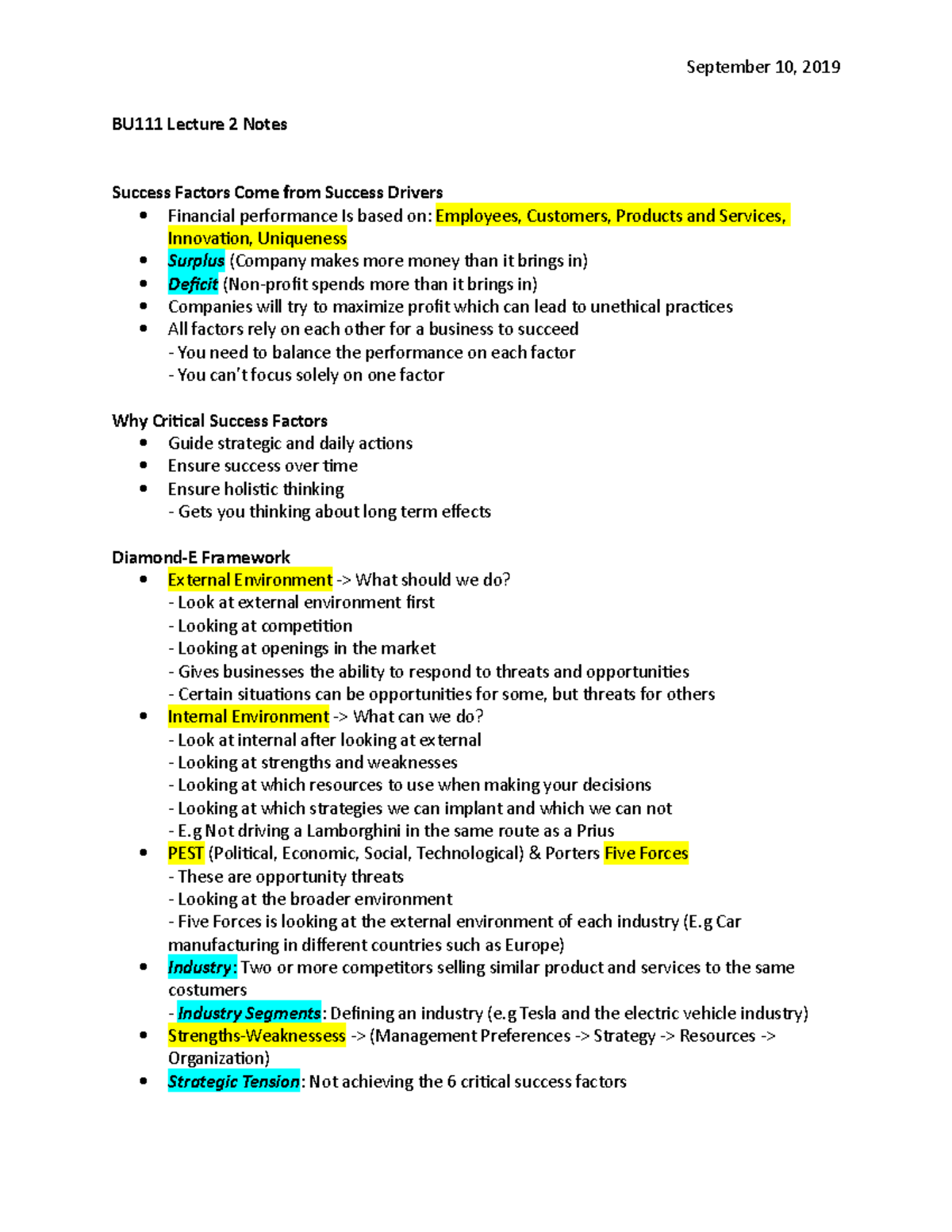 Bu111 Lecture 2 Notes - David Swanson - September 10, 2019 Bu111 