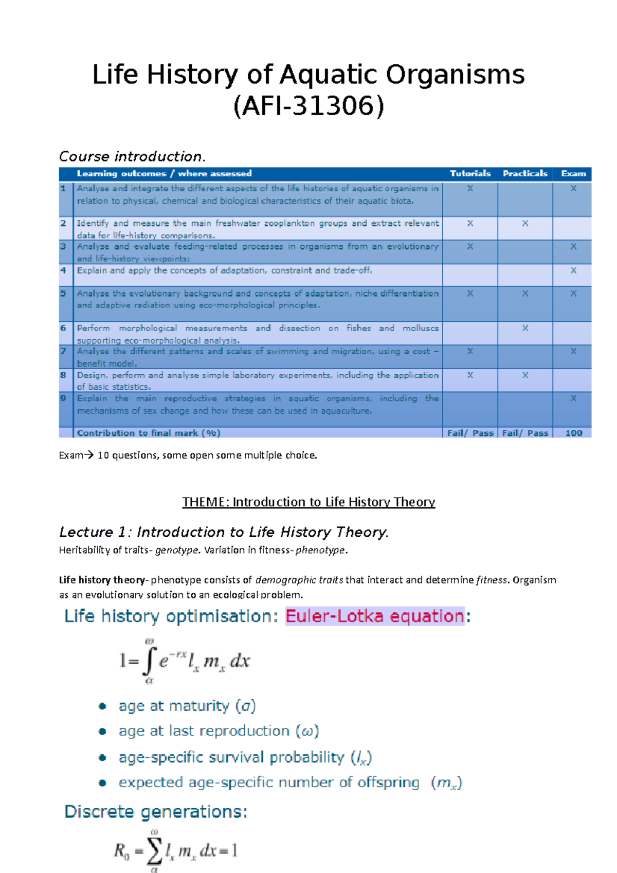 Life History of Aquatic Organism Lecture 1 to 10 Life History of