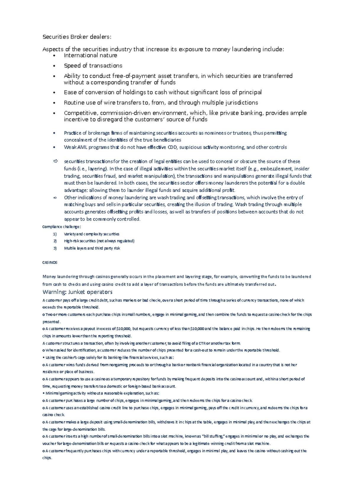 Summary Acams - Securities Broker dealers: Aspects of the securities ...
