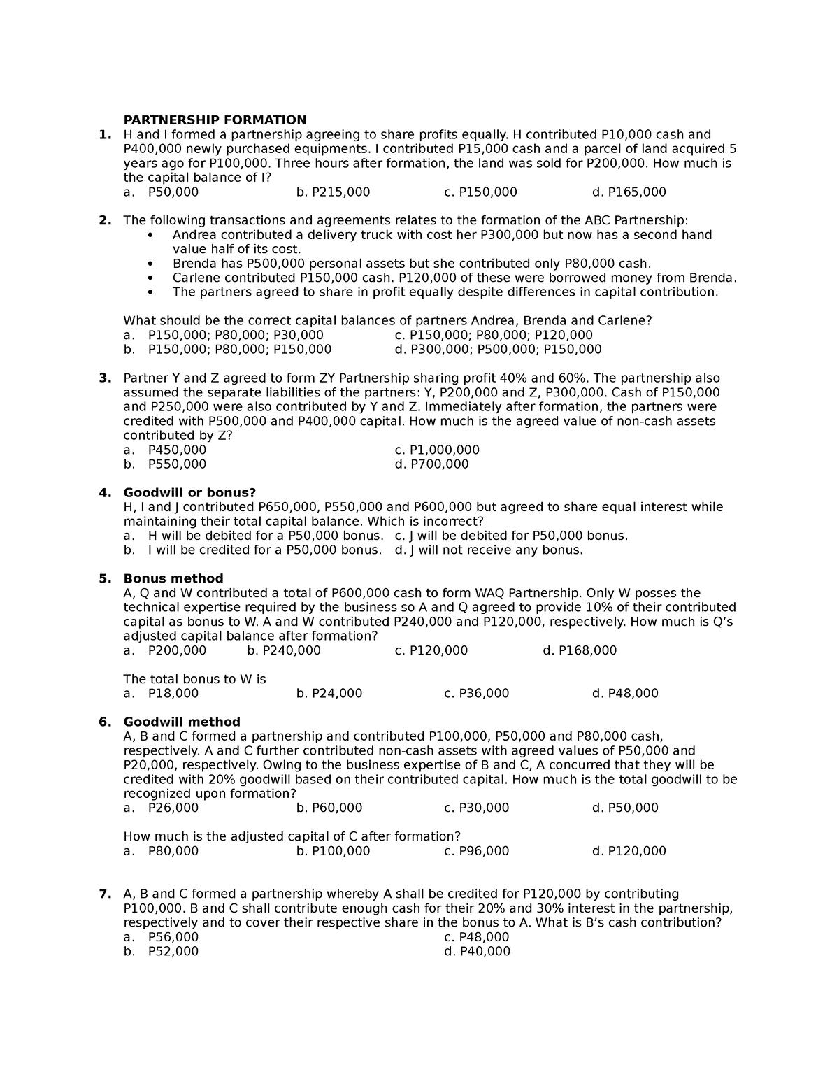 Spectrans Problem - PRACTICE SET - PARTNERSHIP FORMATION H and I formed ...