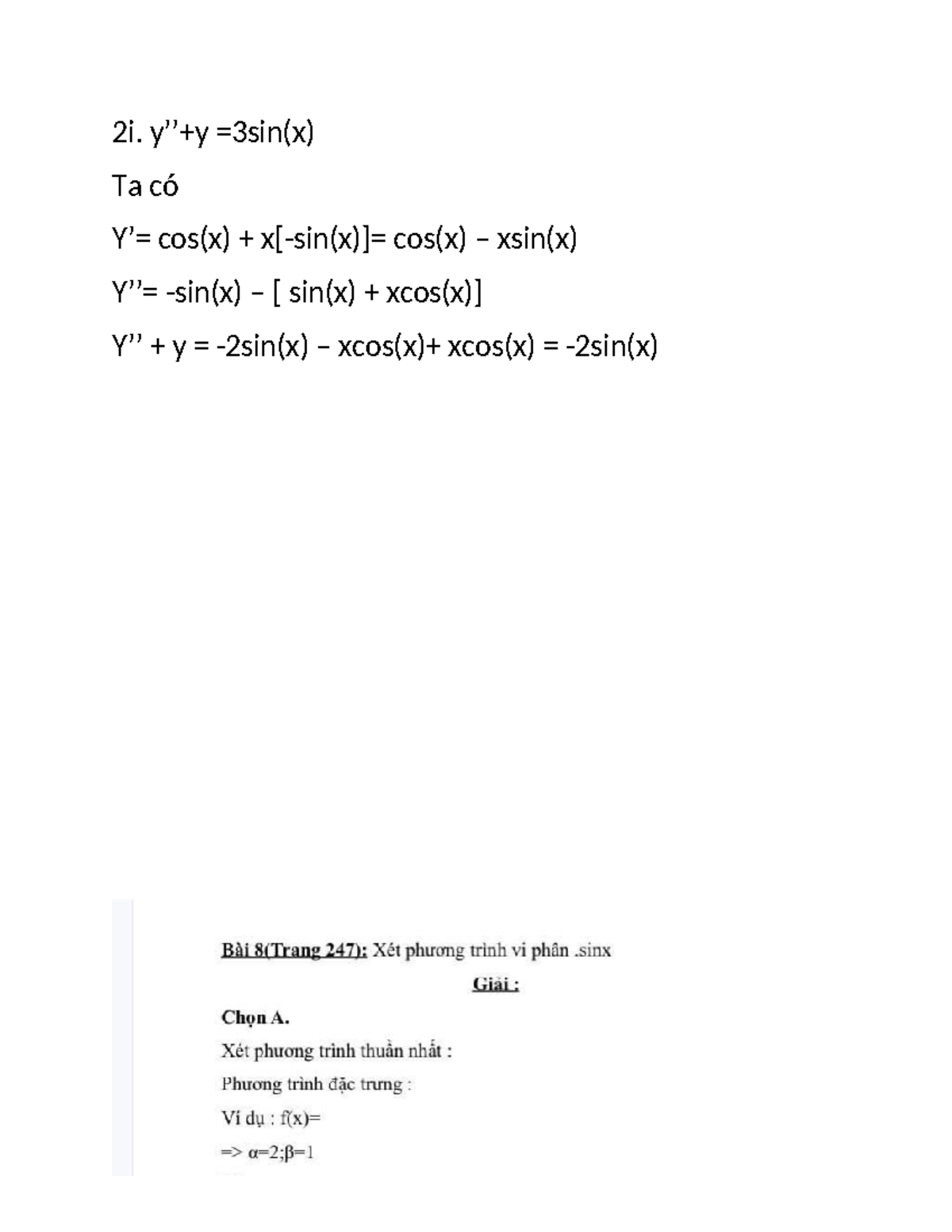 Toán cao cấp - TCC.docx - Toán cao cấp - 2i. y’’+y =3sin(x) Ta có Y ...