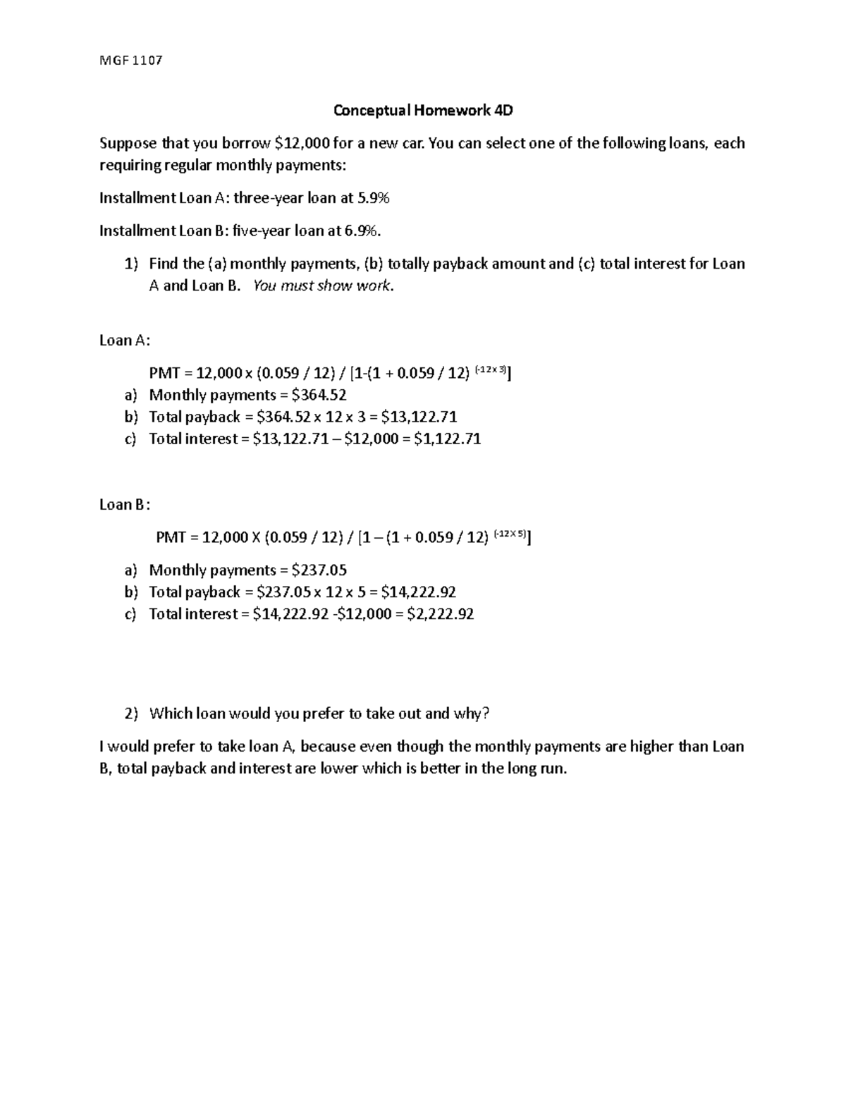 Conceptual HW 4D - MGF 1107 Conceptual Homework 4D Suppose that you ...