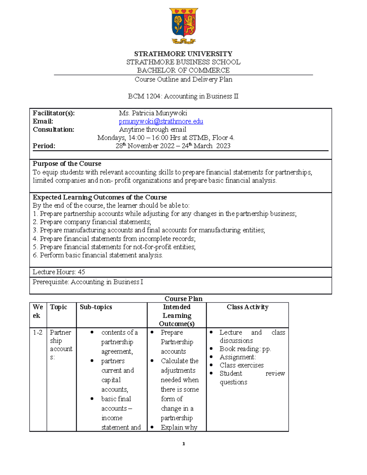 Coursse outline Accounting for Business II - STRATHMORE UNIVERSITY ...