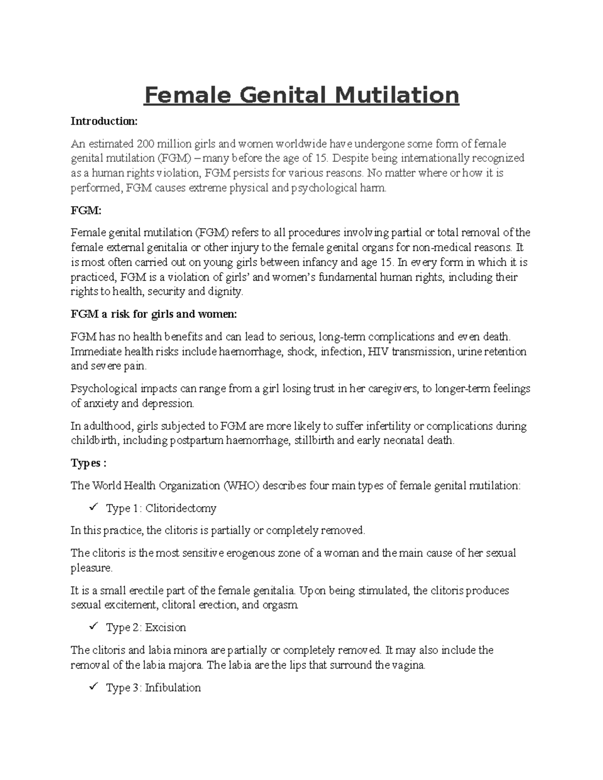 Female Genital Mutilation - Female Genital Mutilation Introduction: An ...