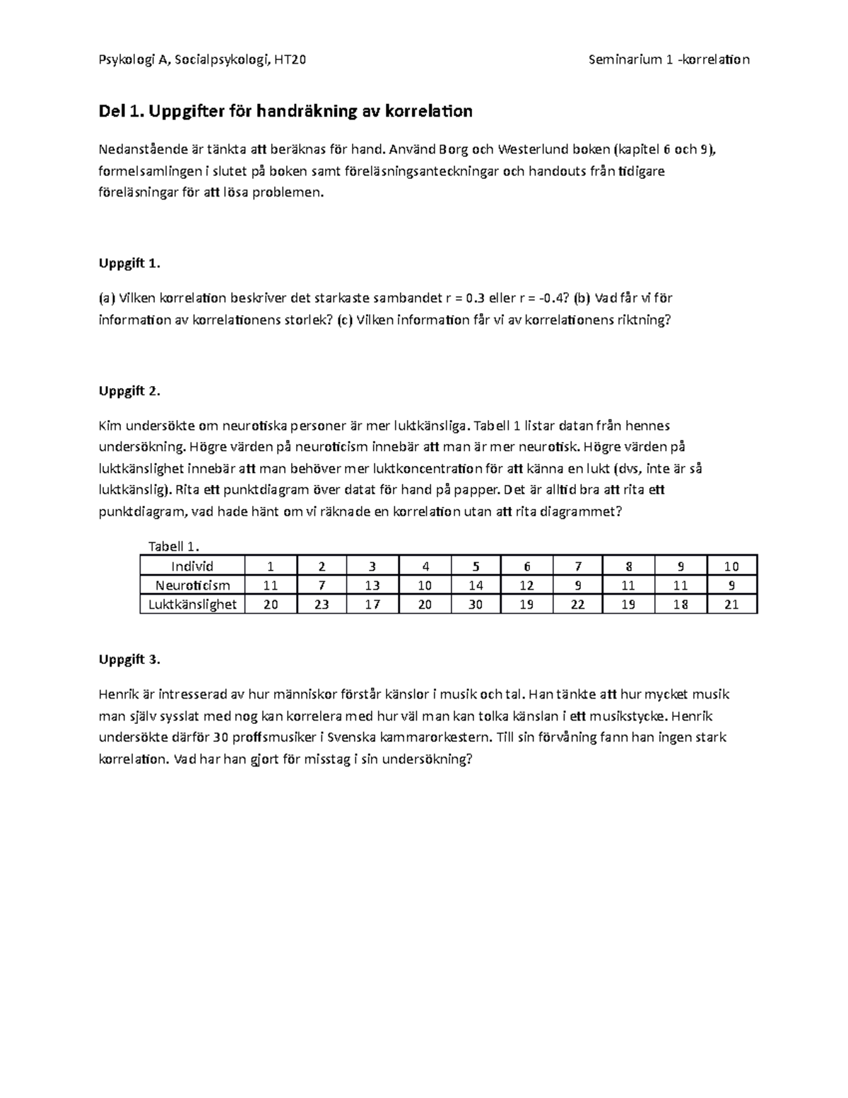 Seminarieuppgifter - Korrelation - Psykologi A, Socialpsykologi, HT20 ...