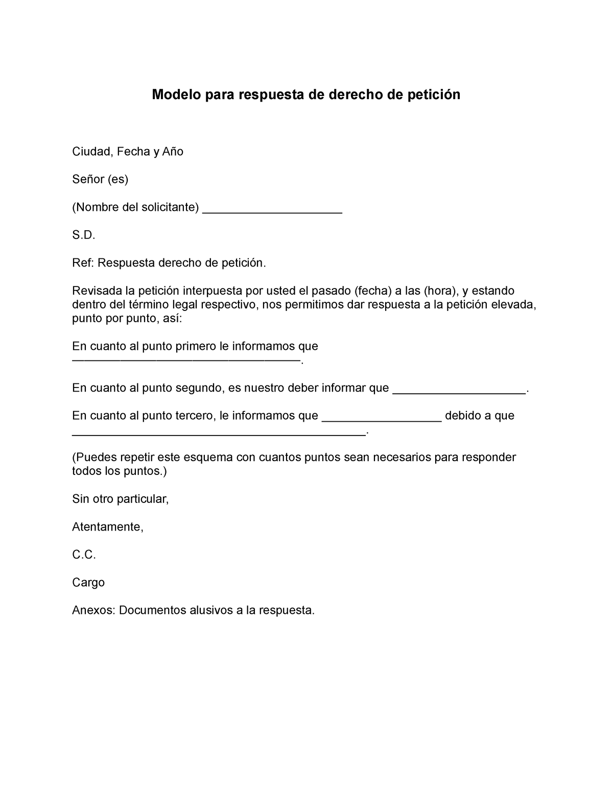 Modelo para respuesta de derecho de peticion - Modelo para respuesta de  derecho de petición Ciudad, - Studocu