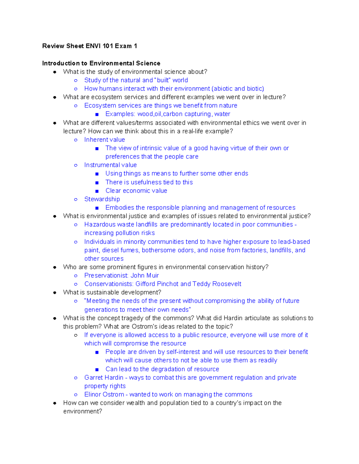 Review Sheet ENVI 101 Exam 1 - Review Sheet ENVI 101 Exam 1 ...