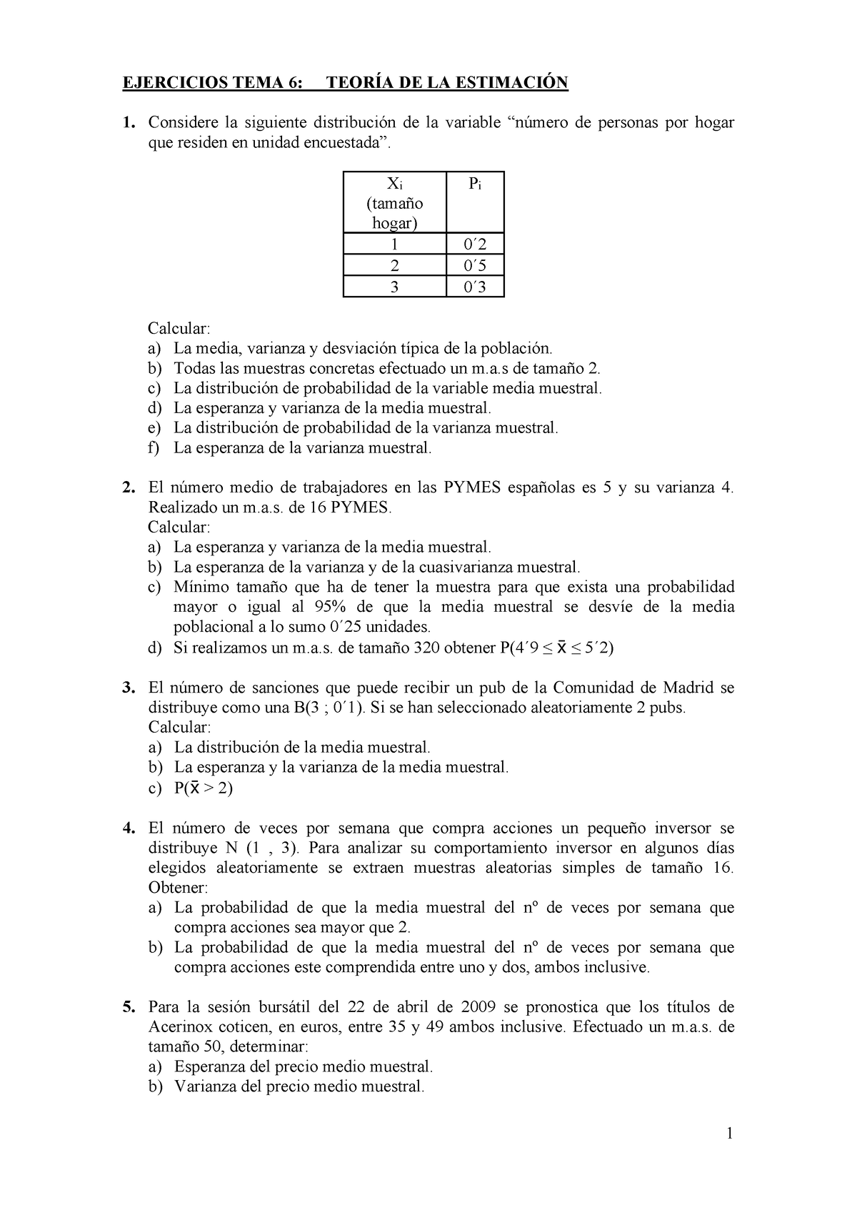 06a.Ejercicios T6 Estimaci ¦n - 1 EJERCICIOS TEMA 6: TEORÍA DE LA ...