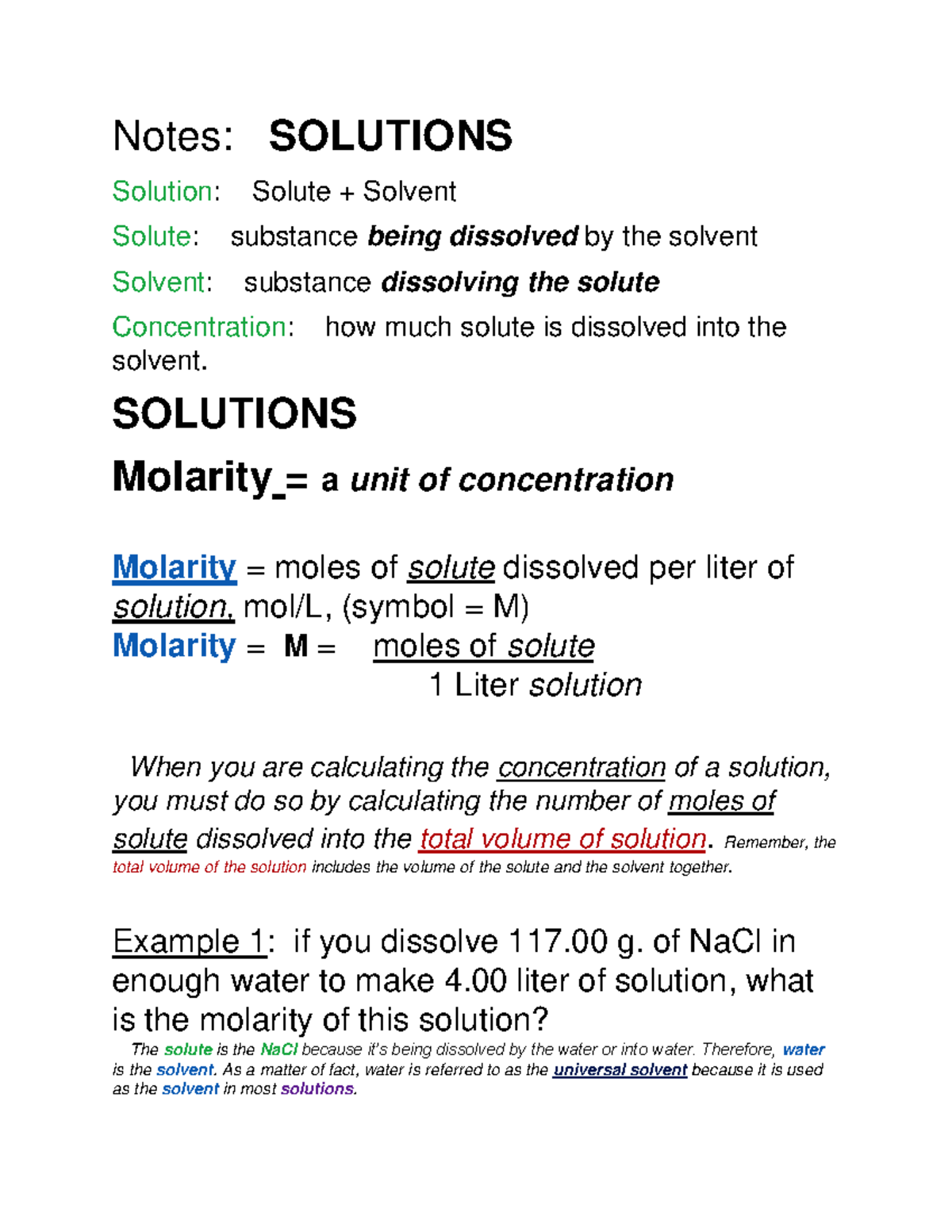 Solutions Part 1 - Notes: SOLUTIONS Solution: Solute + Solvent Solute ...