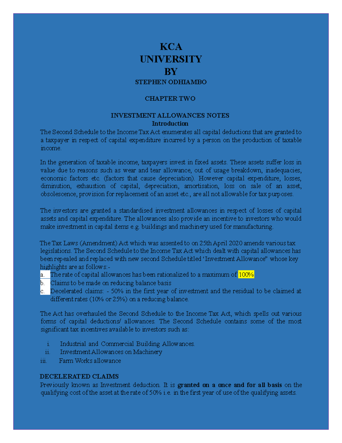 Investment Allowances BY Stephen Copy KCA UNIVERSITY BY STEPHEN