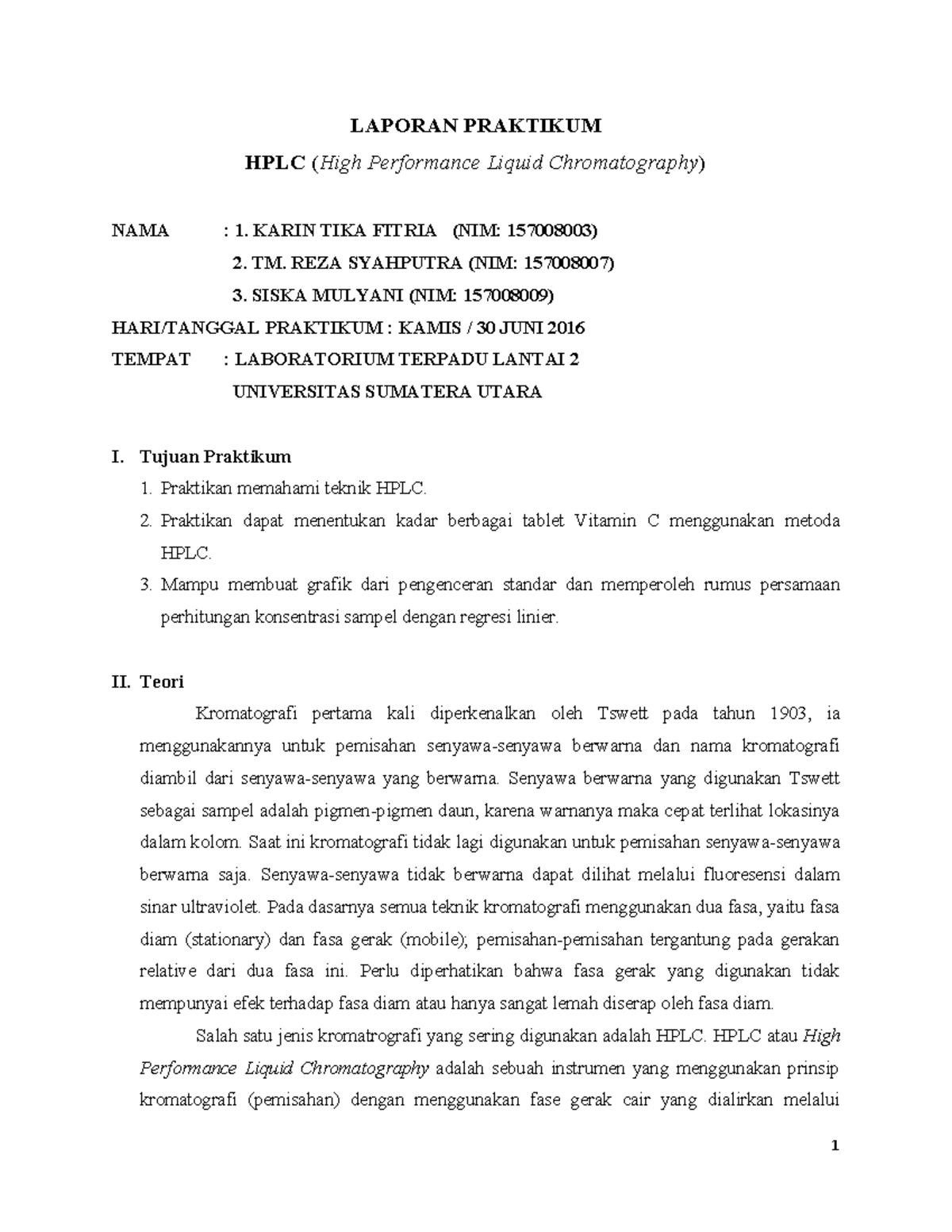 Laporan praktikum HPLC - LAPORAN PRAKTIKUM HPLC (High Performance