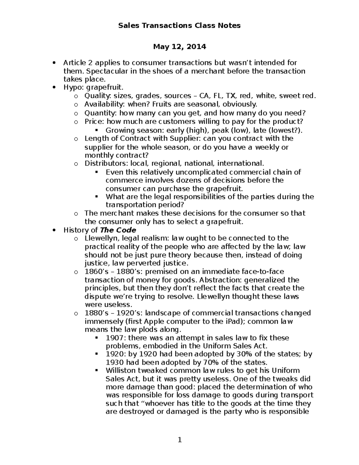 Sales Class Notes - outline - May 12, 2014 Article 2 applies to ...