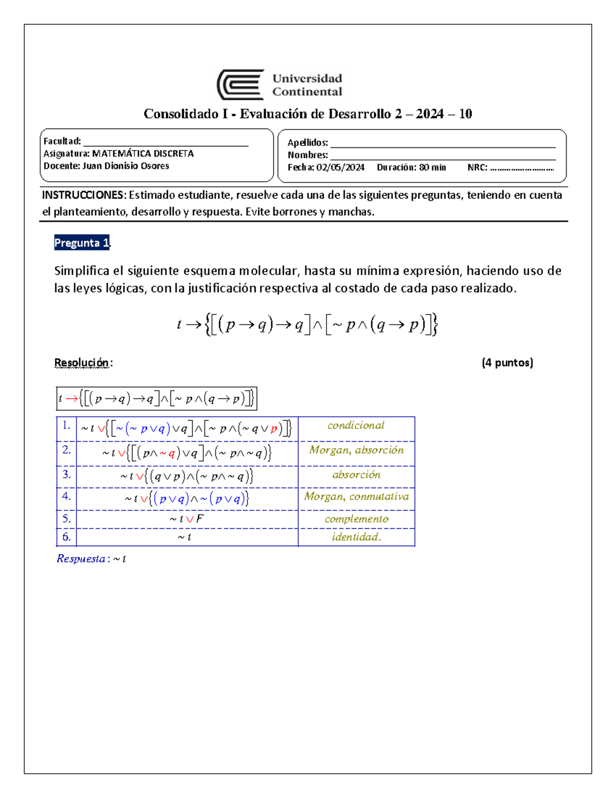 ED2 - Matematica Discreta Solucionario - Consolidado I - Evaluación De ...