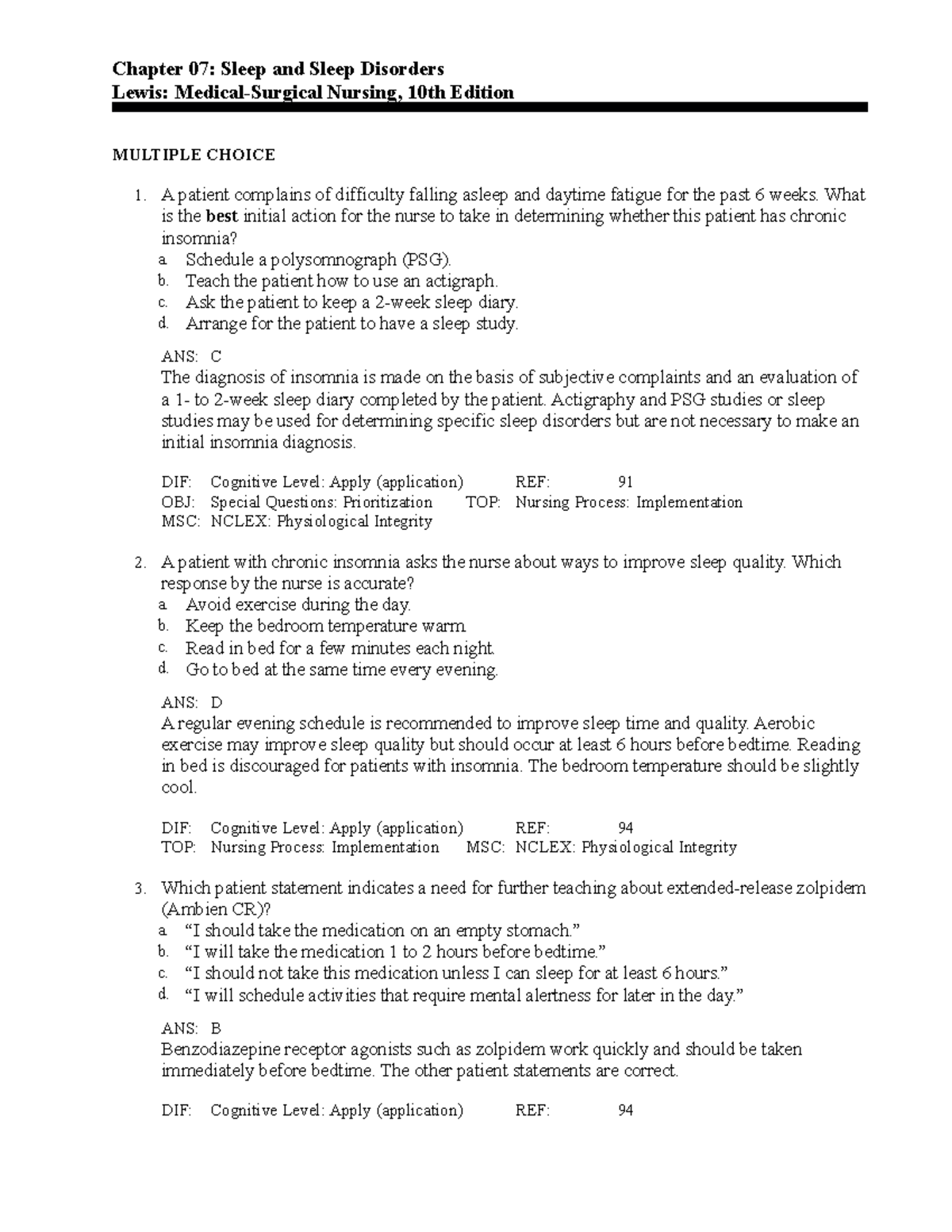 C7 Lewis MedicalSurgical Nursing Practice Questions Chapter 07