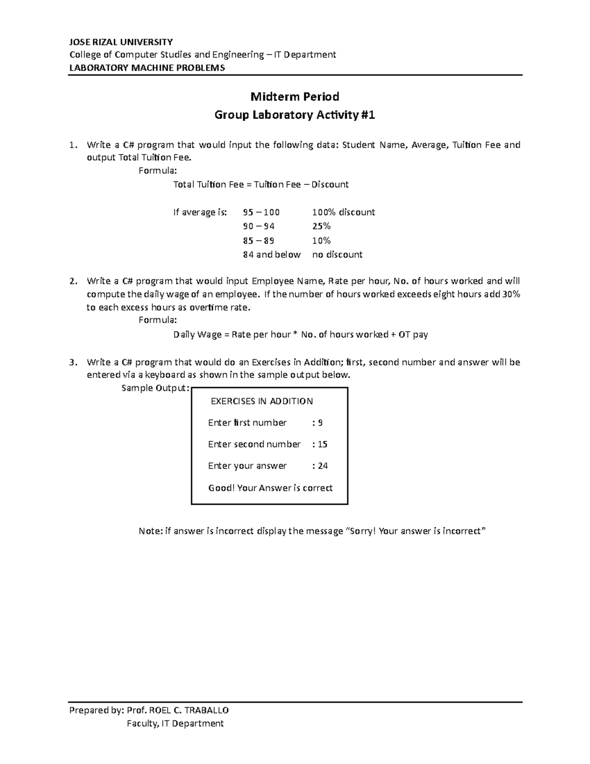 Midterm Lab. Group Activity 1 JOSE RIZAL UNIVERSITY College of