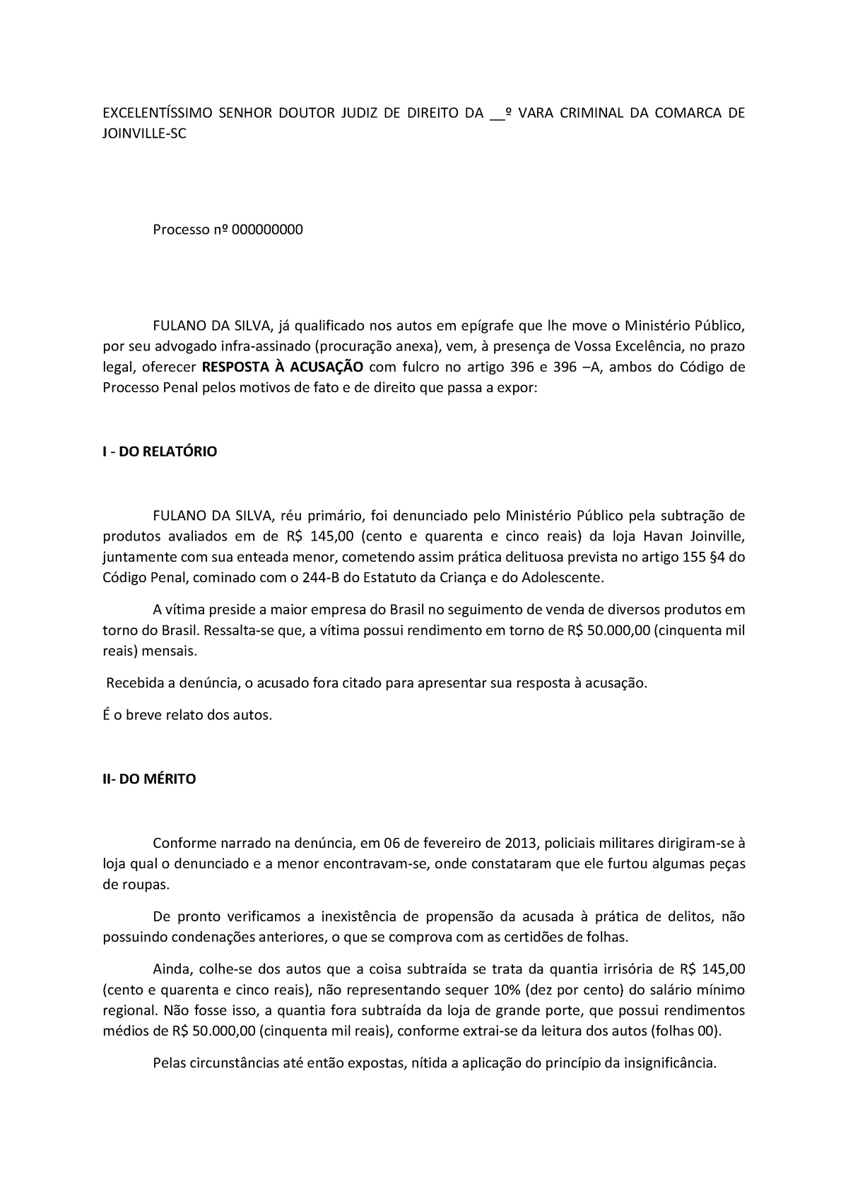 Modelo Resposta Acusa O Penal Excelent Ssimo Senhor Doutor Judiz De Direito Da Vara