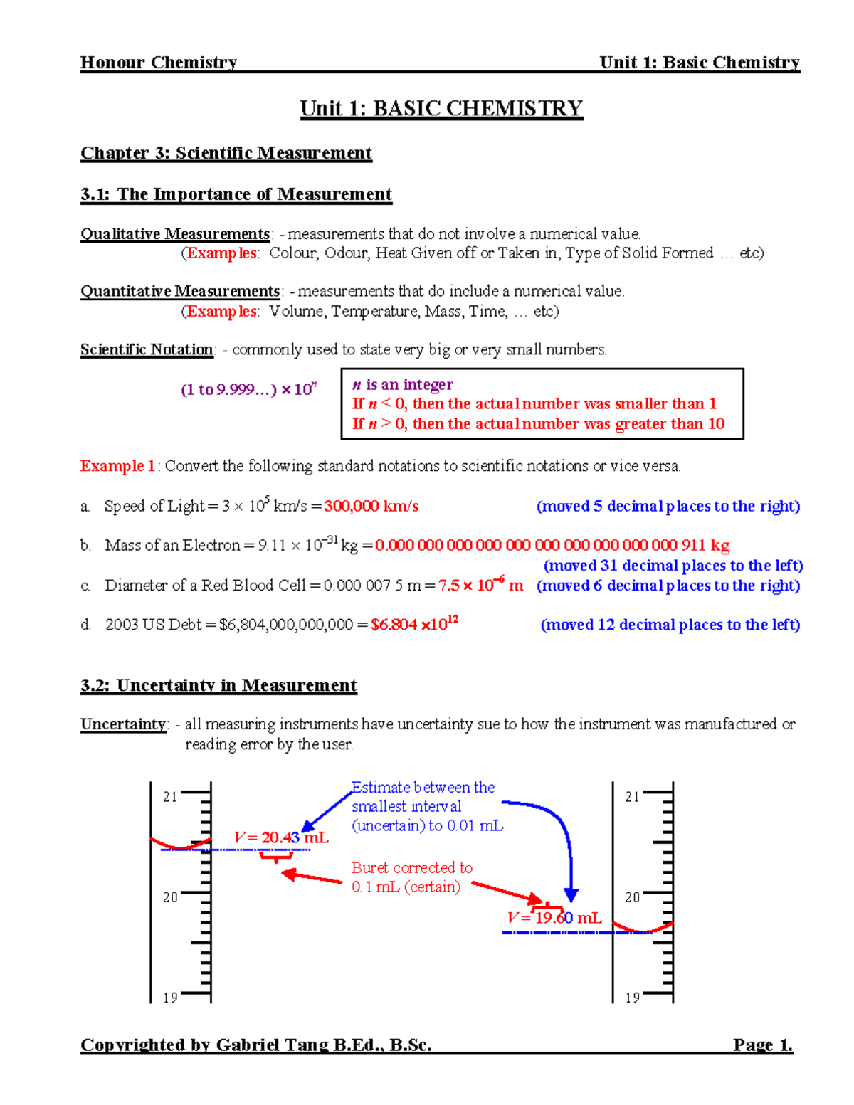 Unit 1 Basic Chemistry Notes (answers) - Honour Chemistry Unit 1: Basic ...