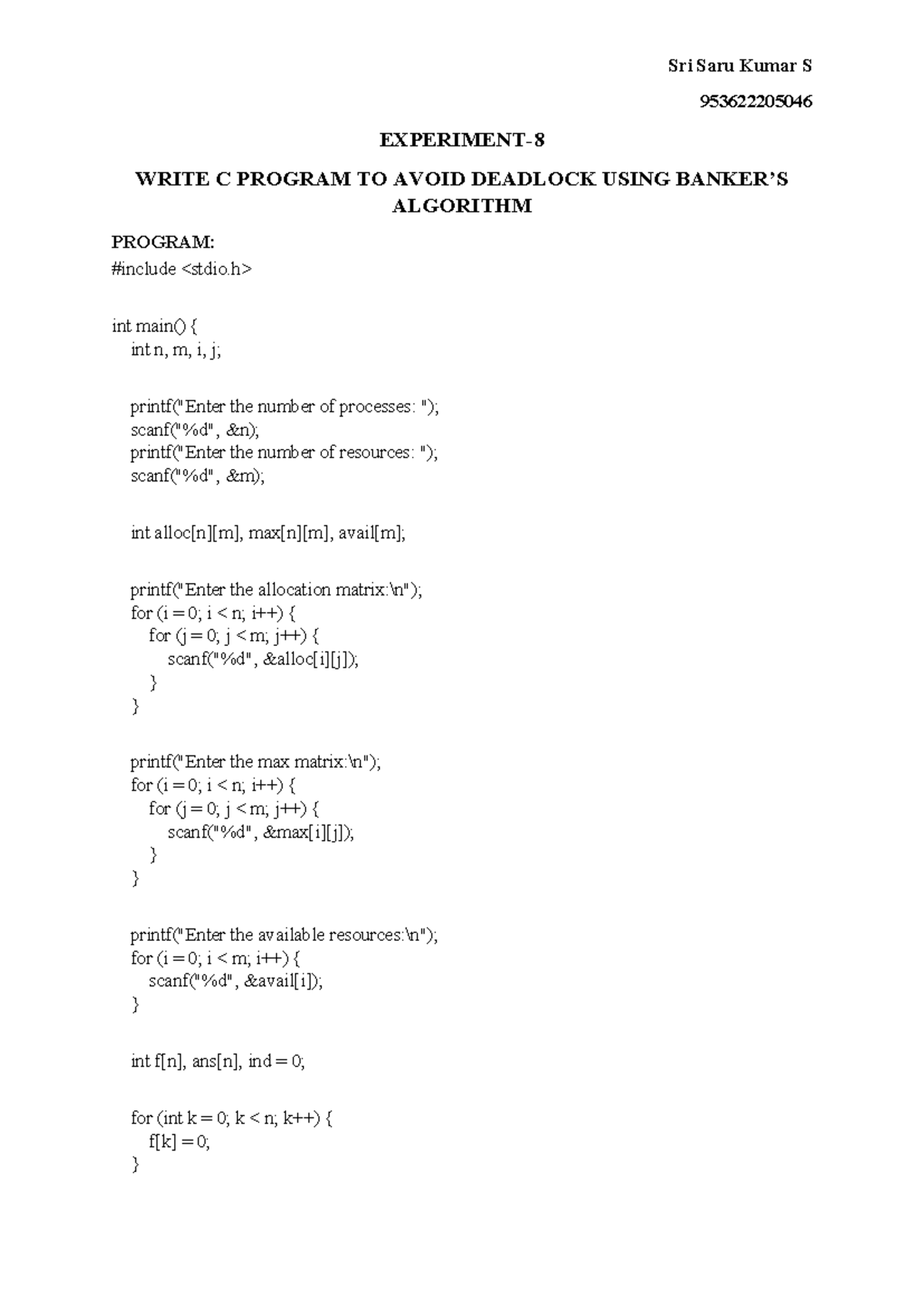 Experiment-8(OS) - exp 8 - Sri Saru Kumar S 953622205046 EXPERIMENT ...