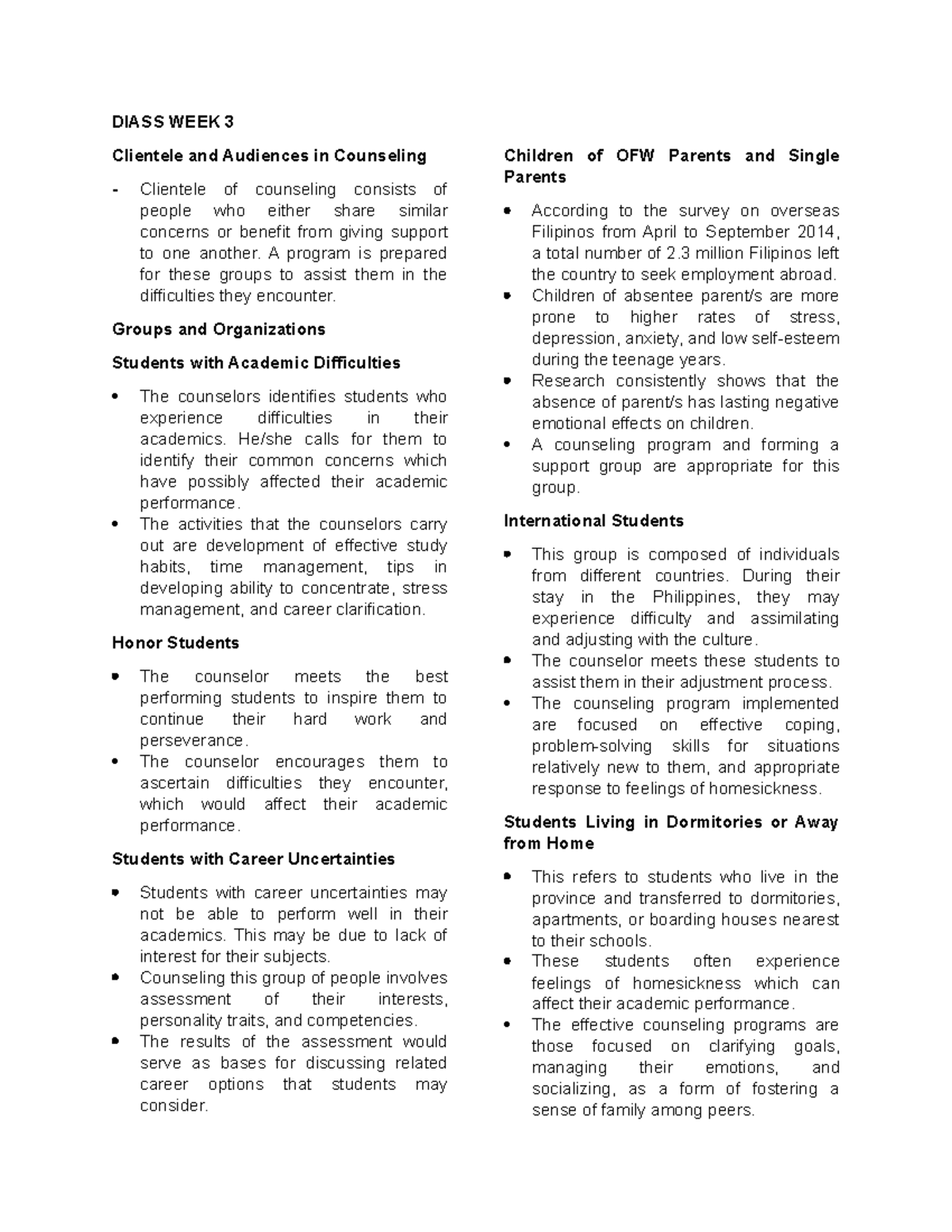 Diass WEEK 3 DIASS WEEK 3 Clientele and Audiences in Counseling
