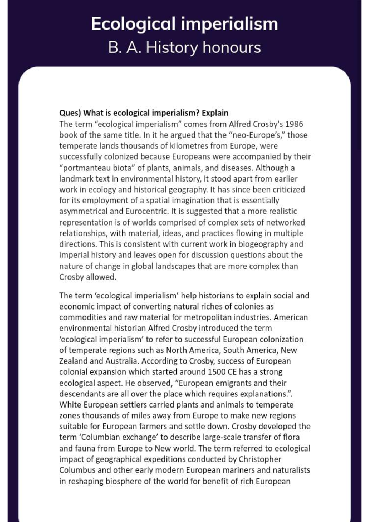 Ecological Imperialism GEH - 22518 - Studocu